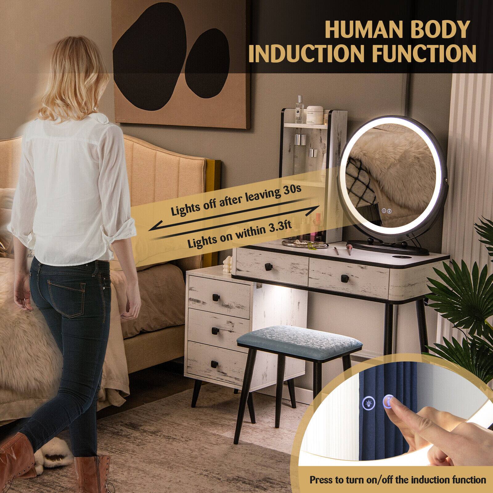 HUMAN BODY INDUCTION FUNCTION, Lights on within 3.3ft, Lights off after leaving 30s, Press to turn on/off the induction function