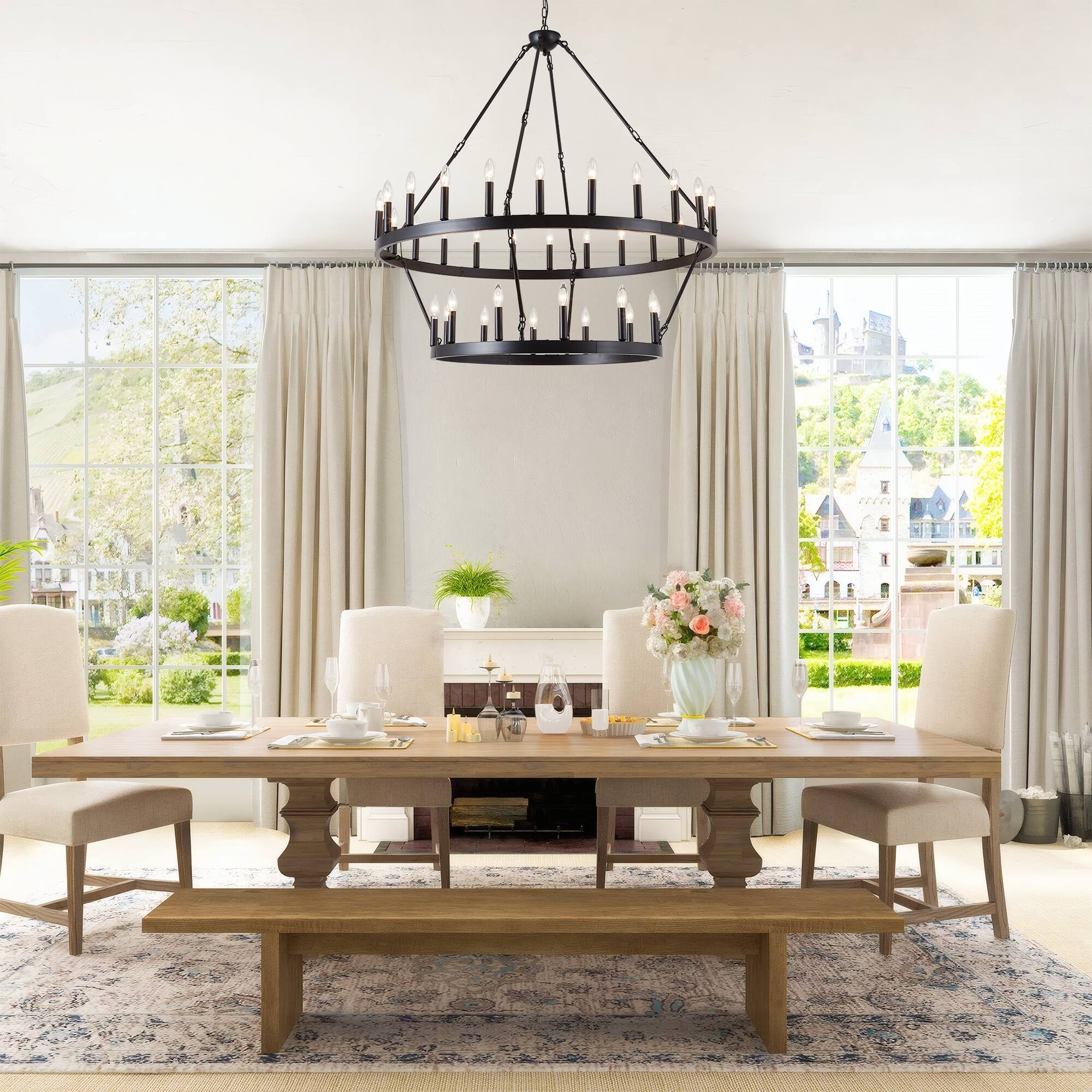 Angle. RYHNUYNE - 36 Light Black Wagon Wheel Chandelier 48 Inch 2 Tier Large Round Farmhouse Pendant Light Fixture for Foyer Entryway - Black.