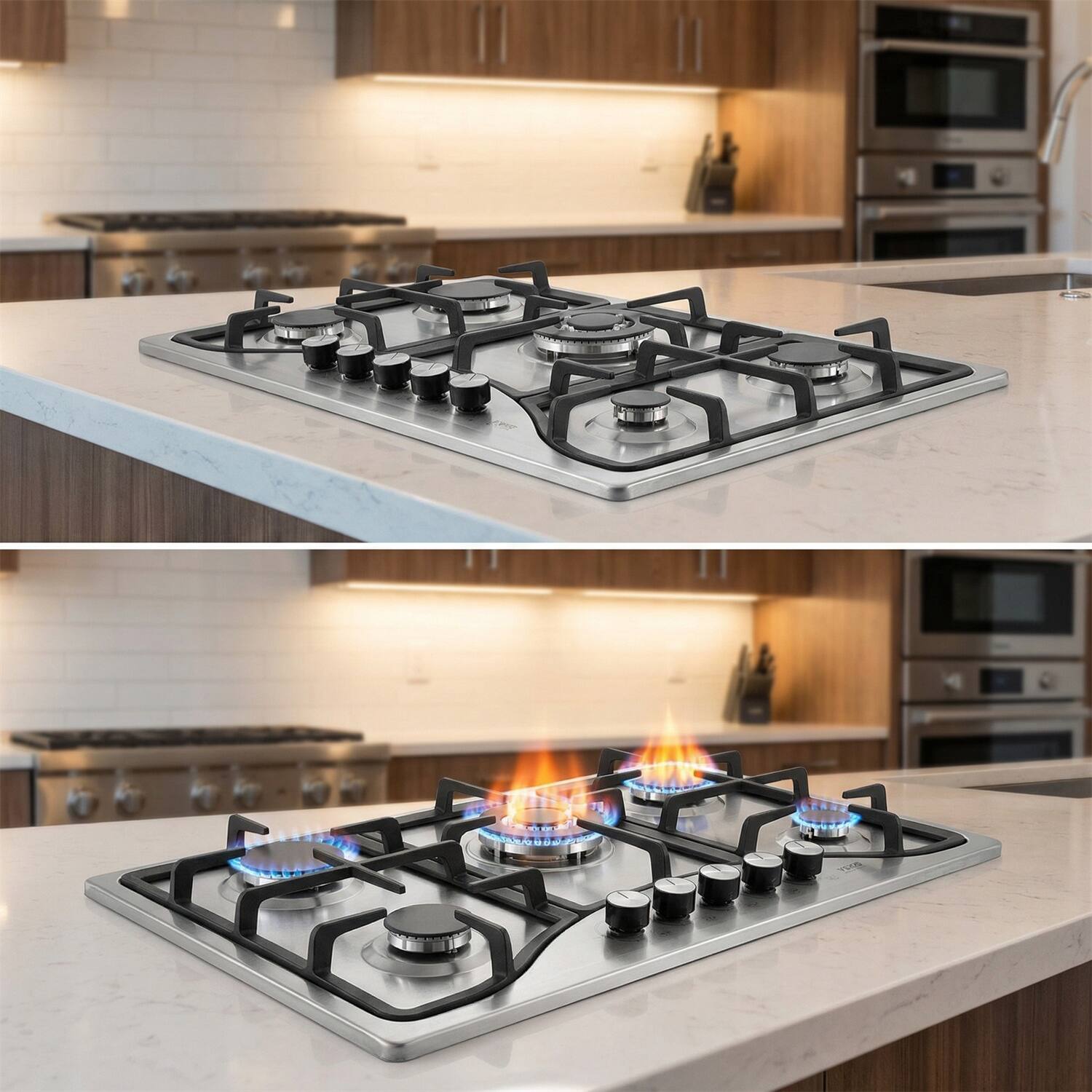 Back. Forest'nSky - 30" Built-In 5-Burner Gas Cooktop - 12250 BTU, Stainless Steel, LPG/NG Convertible with Thermocouple Protection - Silver.