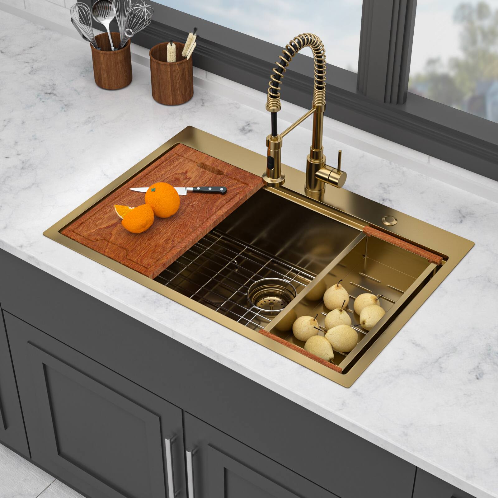 Angle. APRILSOUL - 33 x 22 x 10 inch Kitchen Sink Drop-in Topmount Single Bowl 16 Gauge Stainless Steel Ledge Workstation Kitchen Sinks - Gold.