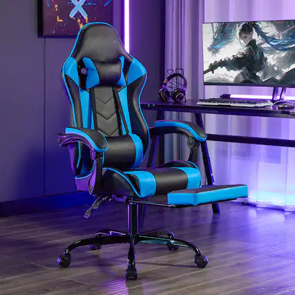 Front. LUCKY ONE - Leather Recline Ergonomic Gaming Chair W/ Massage Lumbar - Black/Blue.