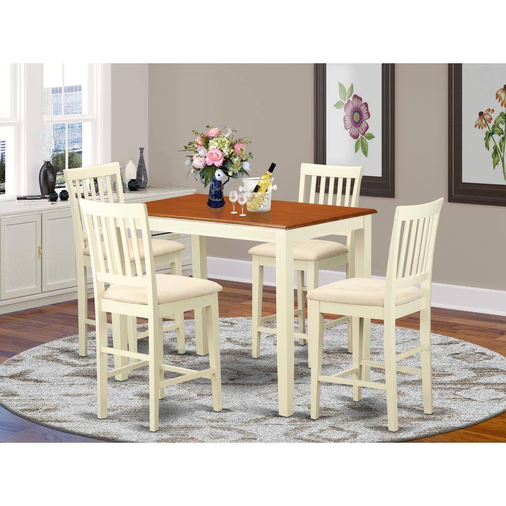 Left. East West Furniture - YAVN5-WHI-C 5 Pc counter height set - Dining Table and 4 counter height Dining chair. - Buttermilk & Cherry.