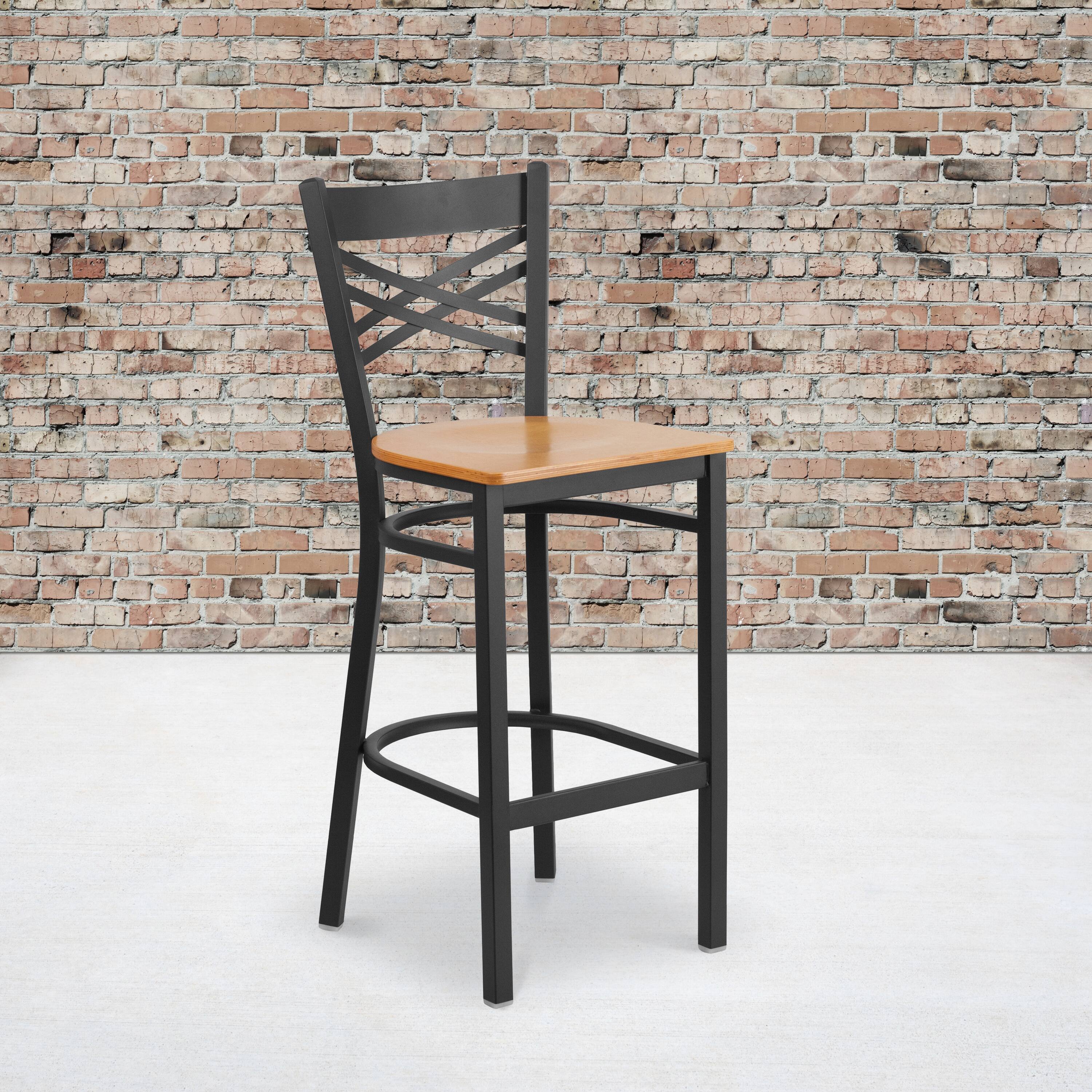 Angle. Flash Furniture - HERCULES Series Black ''X'' Back Metal Restaurant Barstool - Natural Wood Seat - Natural.