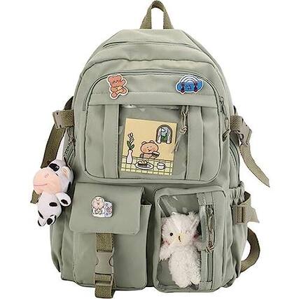 Front. Stamp n Camp - Backpack Lovely Pastel Rucksack For Teen Cute Aesthetic Bookbag School With Pin And Accessories (pink) - Green.