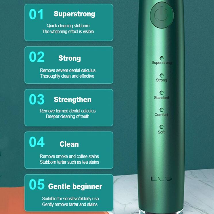01 Superstrong  
Quick cleaning stubborn  
The whitening effect is visible  

02 Strong  
Remove severe dental calculus  
Thoroughly clean and effective  

03 Strengthen  
Remove formed dental calculus  
Deeper cleaning of teeth  

04 Clean  
Remove smoke and coffee stains  
Stubborn tartar such as tea stains  

05 Gentle beginner  
Suitable for sensitive/elderly use  
Gently remove tartar and stains