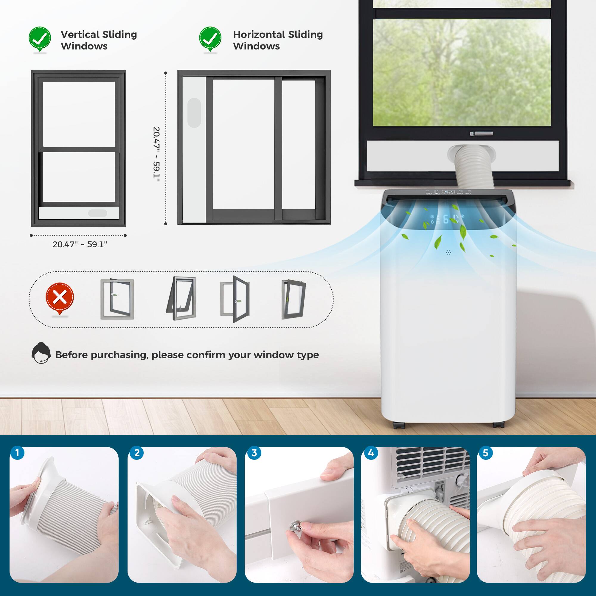Vertical Sliding Windows  
Horizontal Sliding Windows  

20.47" x 59.1"  

Before purchasing, please confirm your window type  

1  
2  
3  
4  
5