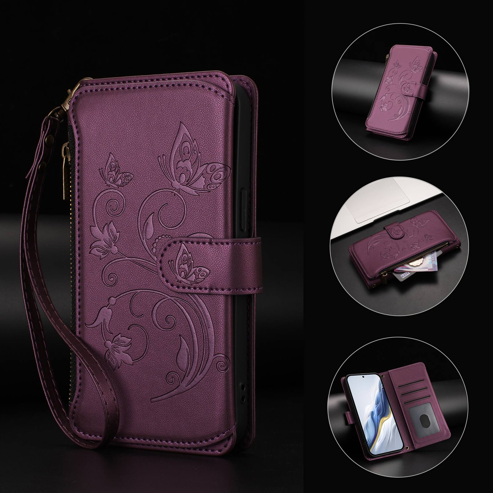 Alt View 5. Dteck - Crossbody Wallet Case for Samsung Galaxy S24 Ultra,Embossed Butterfly Flower Folio Cover with Zipper Pocket+Strap - Darkpurple.