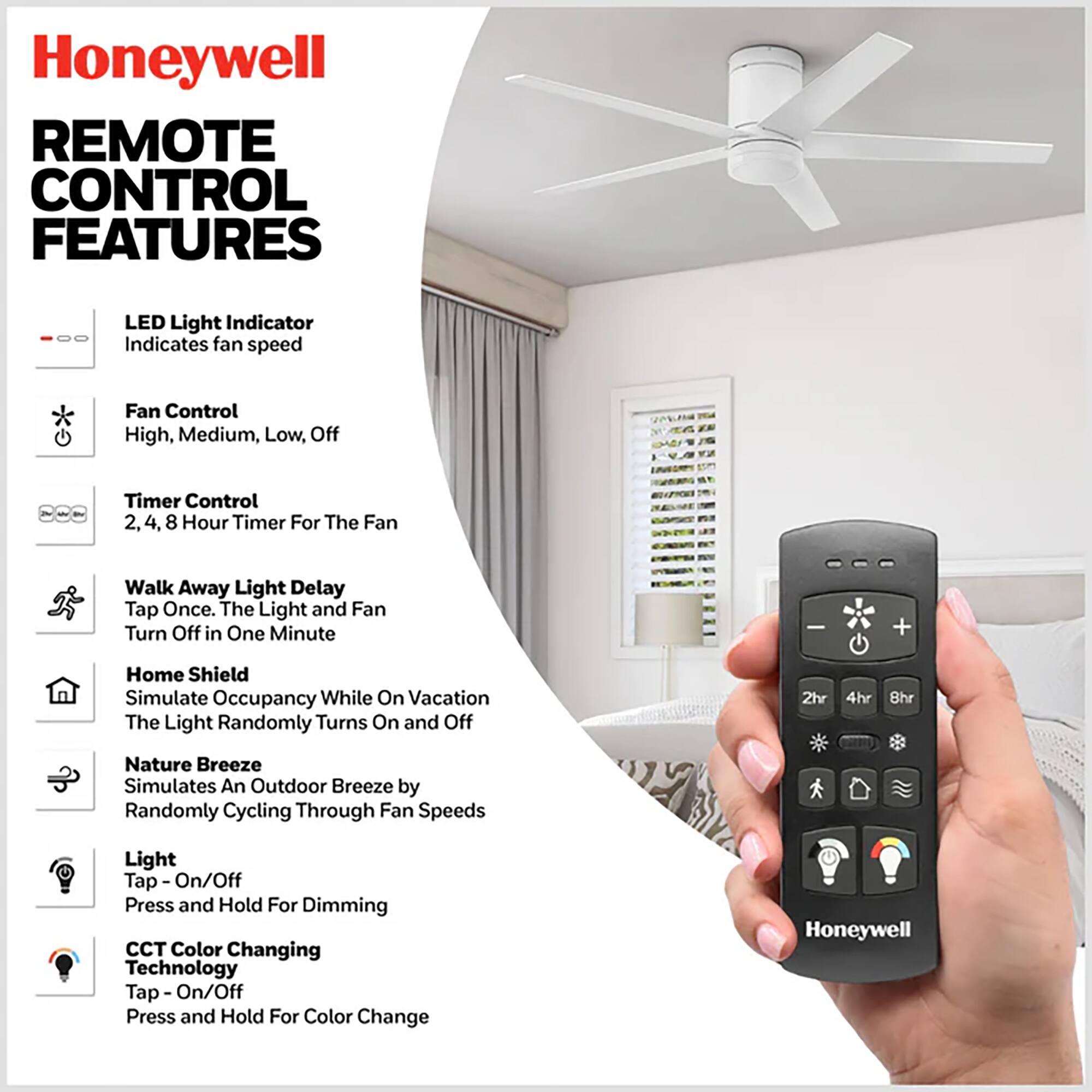 Honeywell REMOTE CONTROL FEATURES

LED Light Indicator
Indicates fan speed

Fan Control
High, Medium, Low, Off

Timer Control
2, 4, 8 Hour Timer For The Fan

Walk Away Light Delay
Tap Once. The Light and Fan Turn Off in One Minute

Home Shield
Simulate Occupancy While On Vacation
The Light Randomly Turns On and Off

Nature Breeze
Simulates An Outdoor Breeze by Randomly Cycling Through Fan Speeds

Light
Tap - On/Off
Press and Hold For Dimming

CCT Color Changing Technology
Tap - On/Off
Press and Hold For Color Change