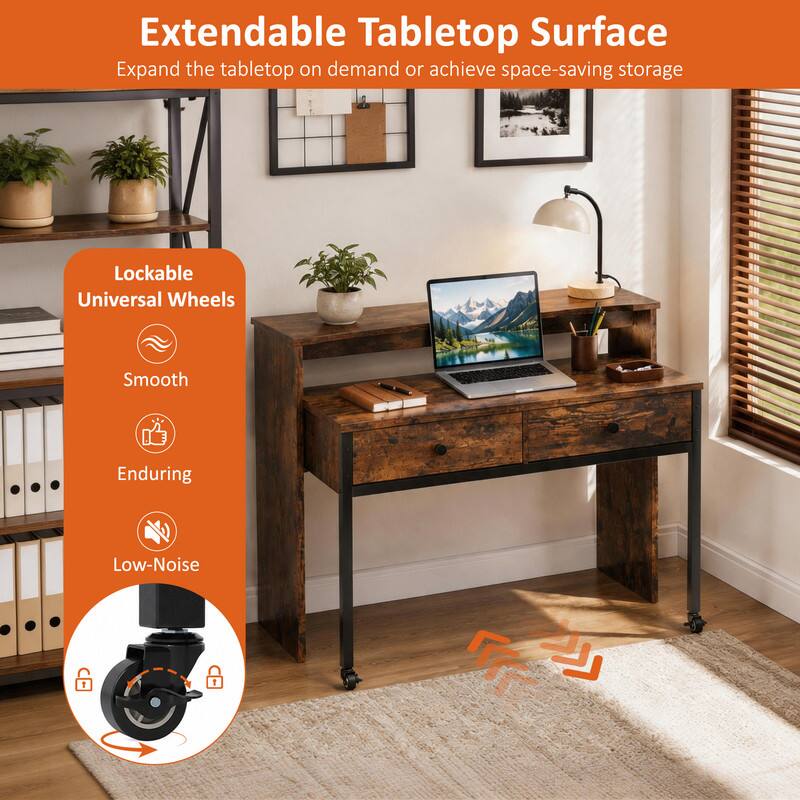 Extendable Tabletop Surface  
Expand the tabletop on demand or achieve space-saving storage  

Lockable Universal Wheels  
Smooth  
Enduring  
Low-Noise