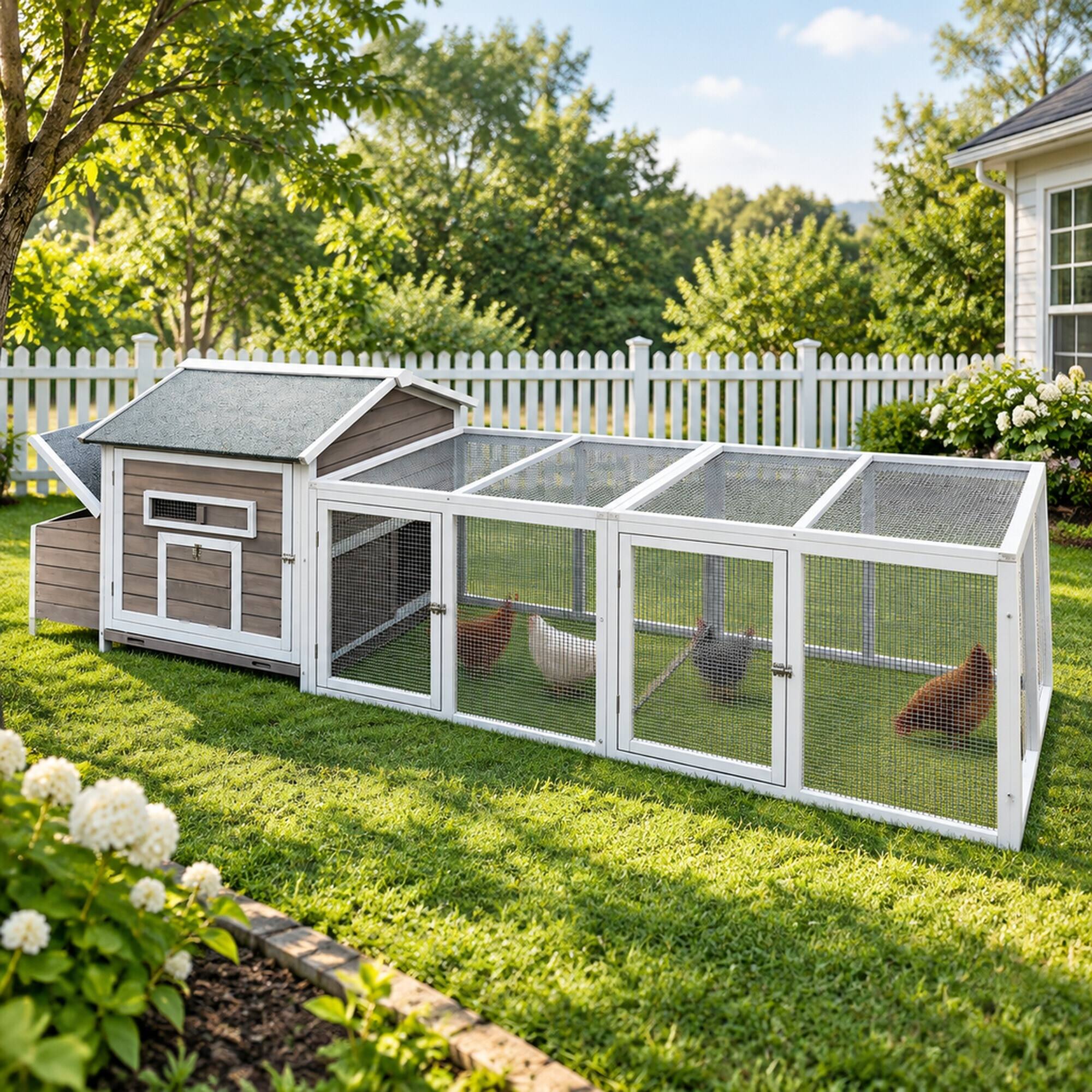 Alt View 2. RYHNUYNE - 114 in Wooden Chicken Coop, Outdoor Run, Nesting Box, Lockable Doors, Ramp, 19.6 sq ft.