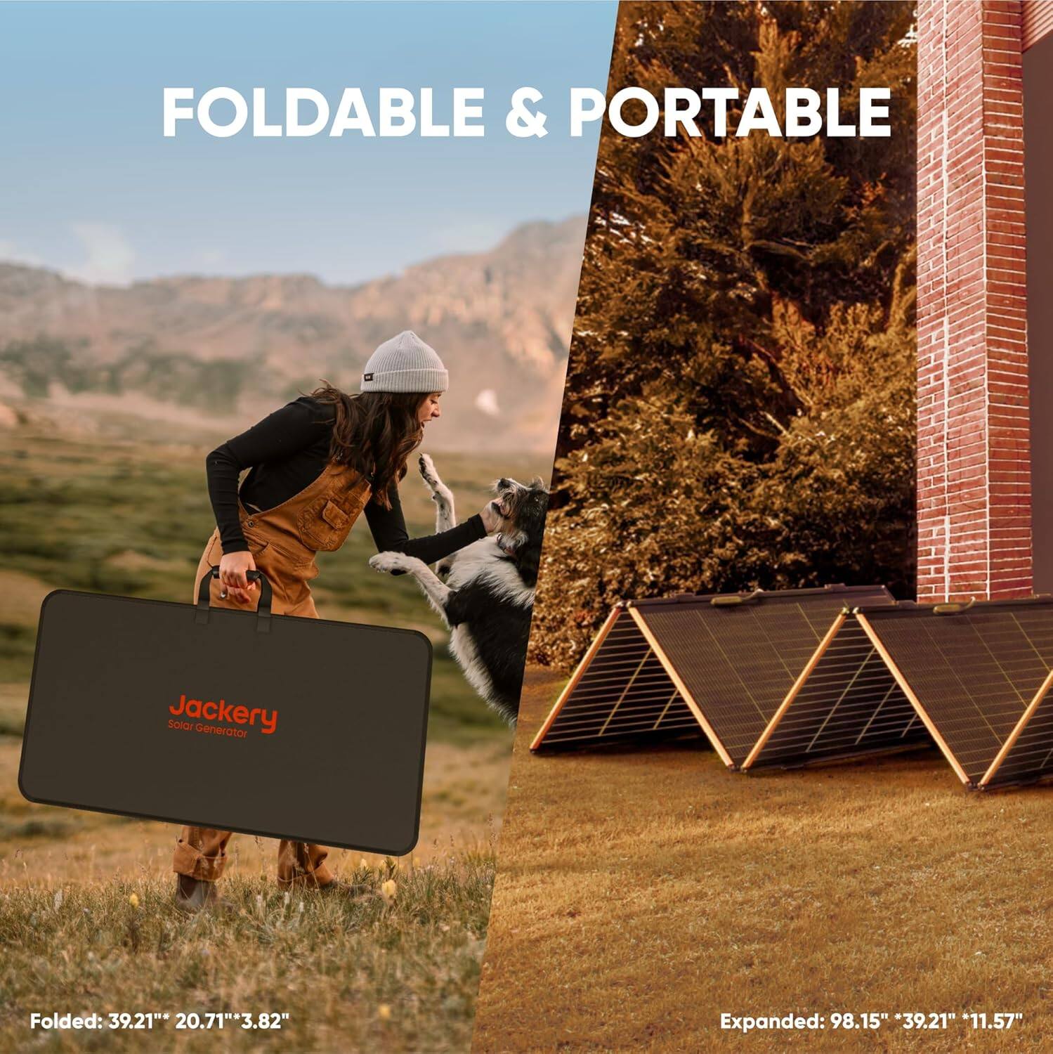 Foldable & Portable Jackery solar Generator Folded: 39.21"* 20.71"3.82" Expanded: 98.15" "39.21" "11.57"