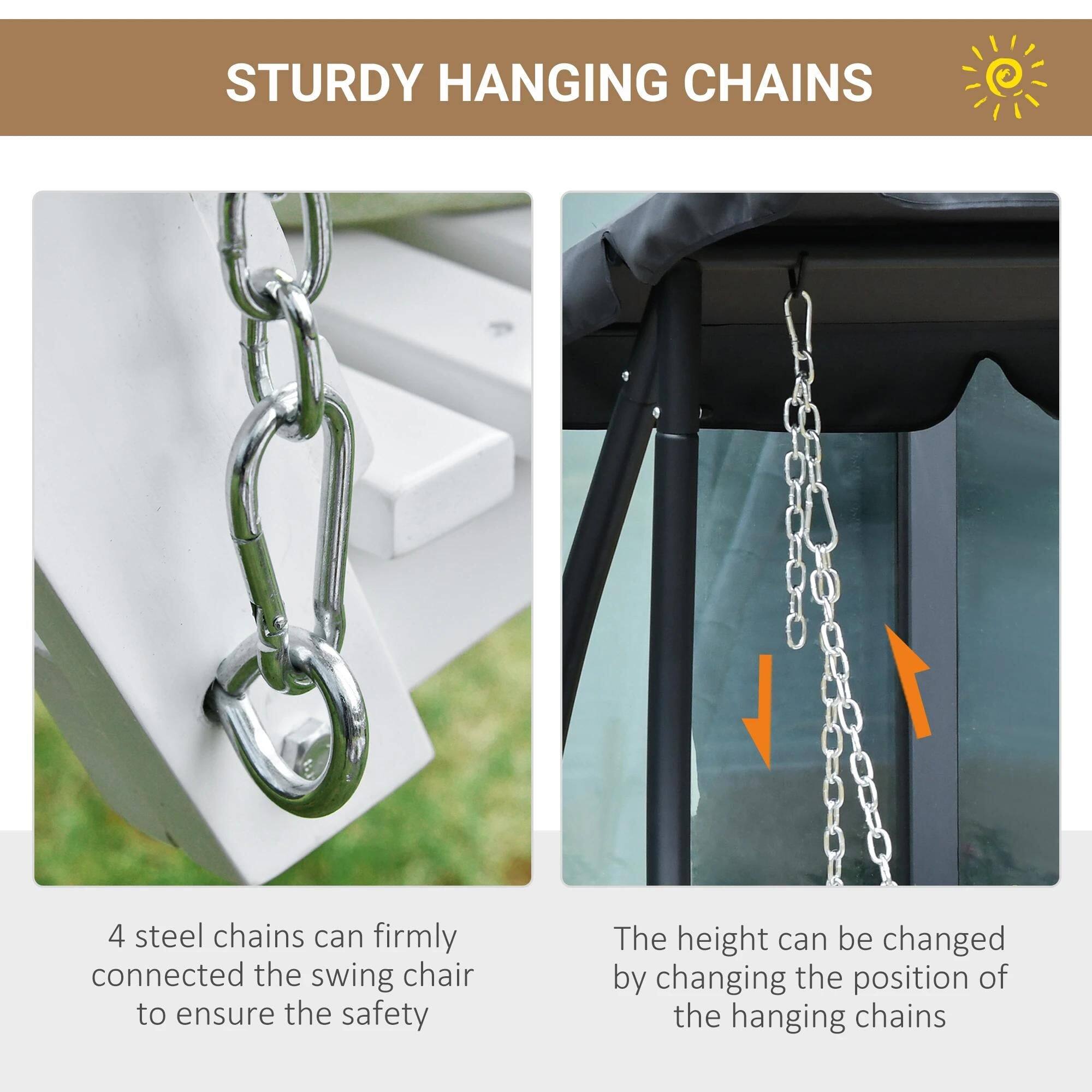 STURDY HANGING CHAINS

4 steel chains can firmly connect the swing chair to ensure safety. The height can be changed by changing the position of the hanging chains.