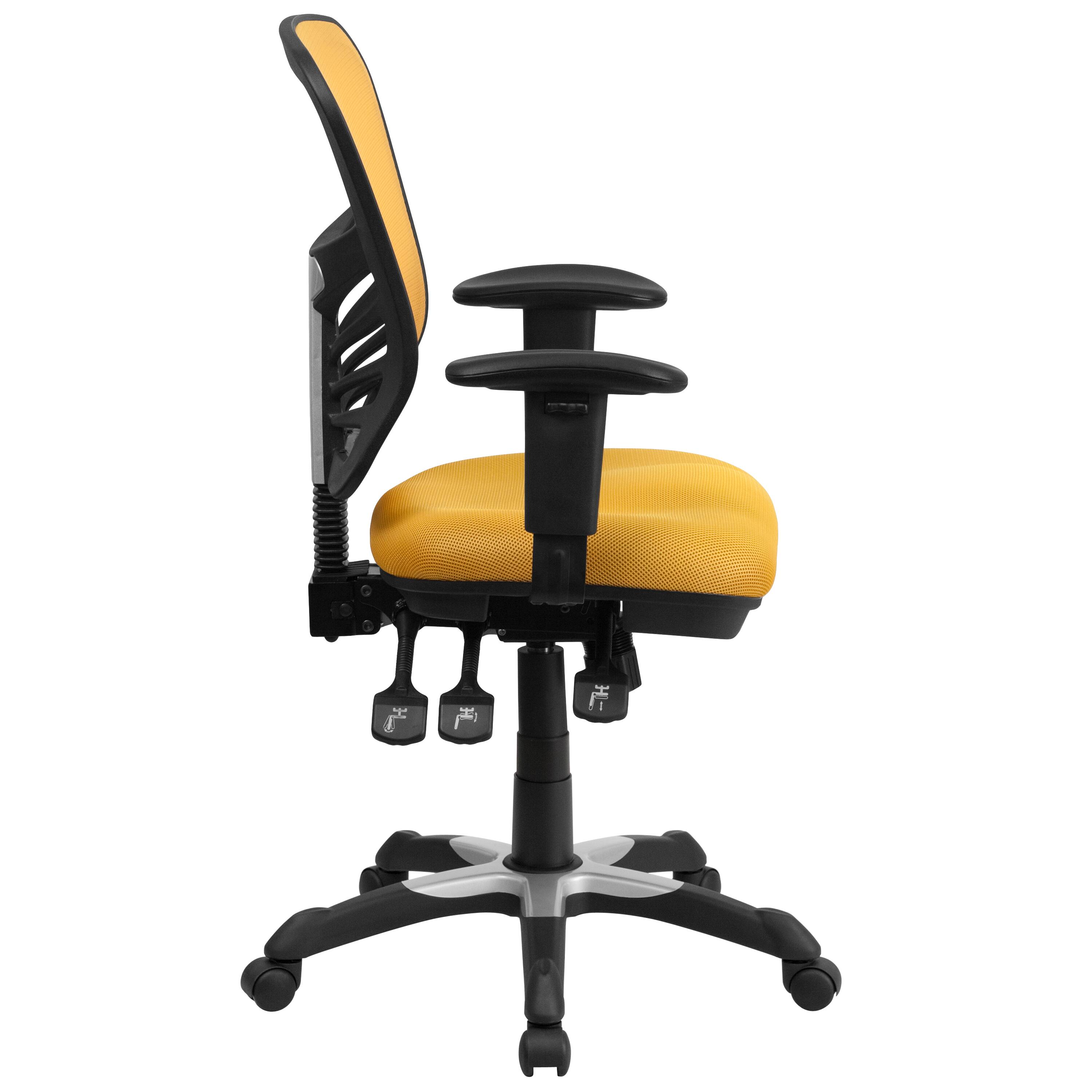 Alt View 6. Emma + Oliver - Mid-Back Mesh Triple Paddle Swivel Ergonomic Office Chair with Adjustable Arms - Yellow-Orange/Black Frame.