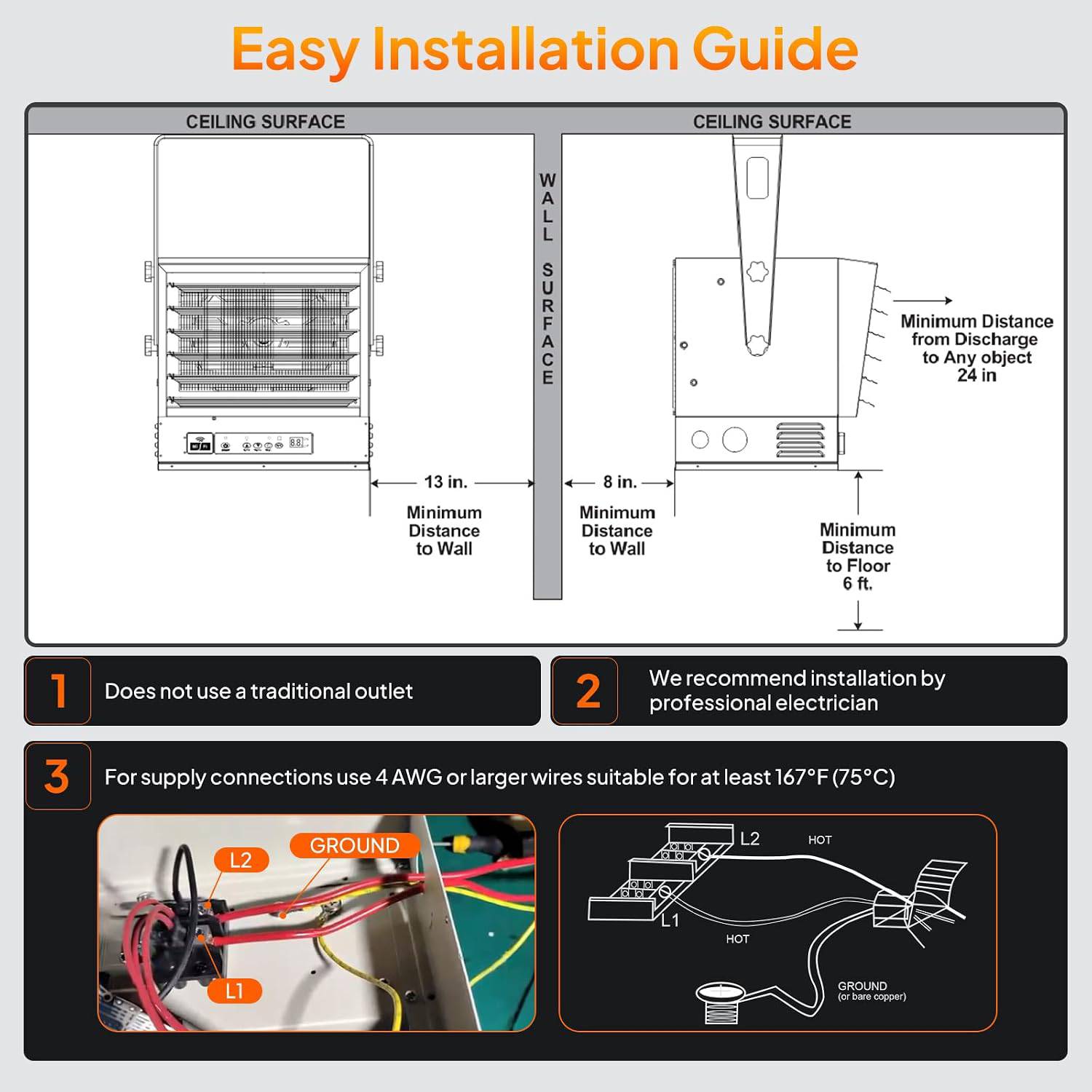 Easy Installation Guide

CEILING SURFACE
- Minimum Distance from Discharge to Any object: 24 in
- Minimum Distance to Wall: 13 in
- Minimum Distance to Floor: 8 in

HALL SURFACE
- Minimum Distance to Wall: 6 ft

1. Does not use a traditional outlet
2. We recommend installation by professional electrician
3. For supply connections use 4 AWG or larger wires suitable for at least 167°F (75°C)

L2
GROUND
L2
HOT
HOT
L1
GROUND (or bare copper)