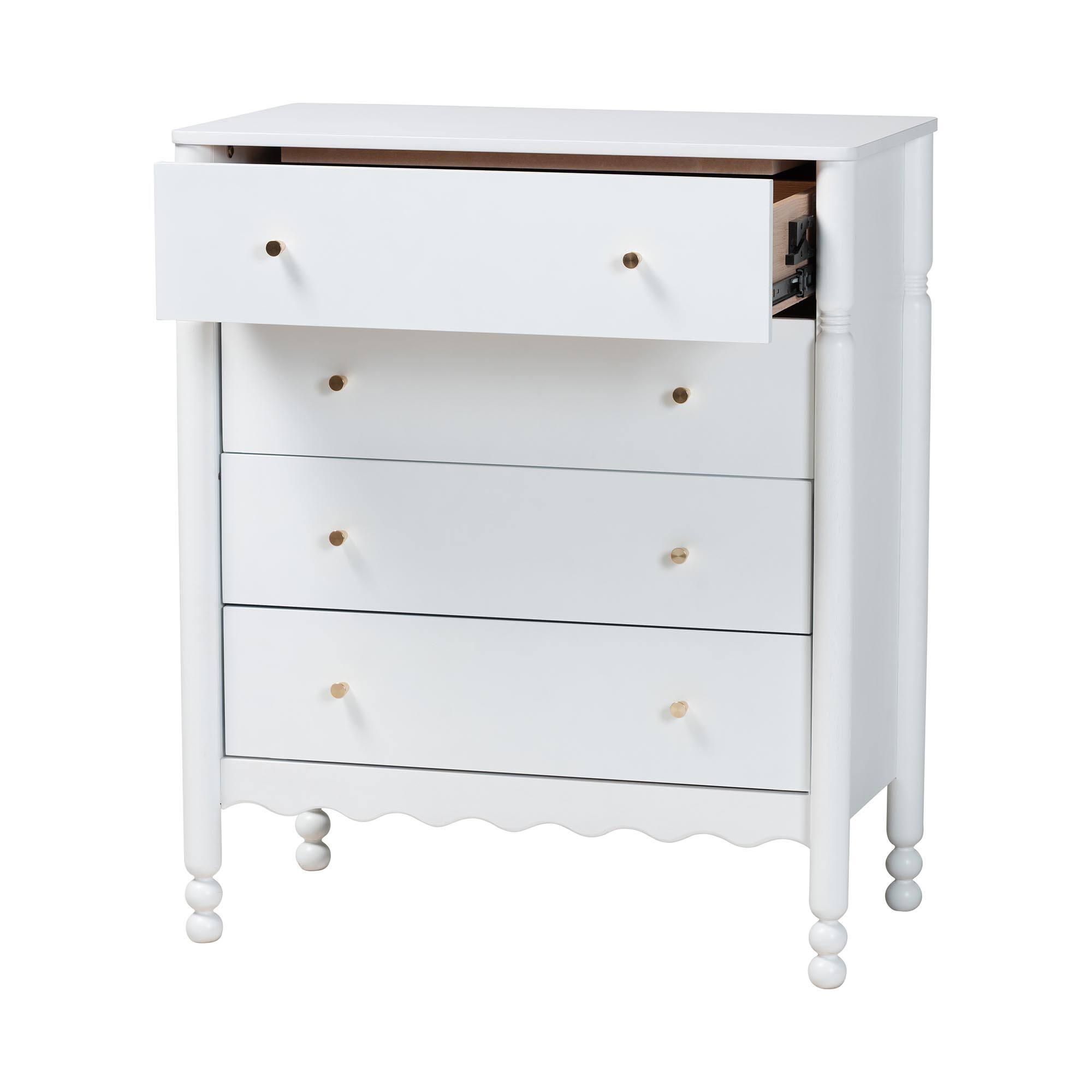 Left. Baxton Studio - Hoffman Chest - 4-Drawer Vertical Storage Cabinet with Scalloped Apron and Turned Legs for Bedroom - White.