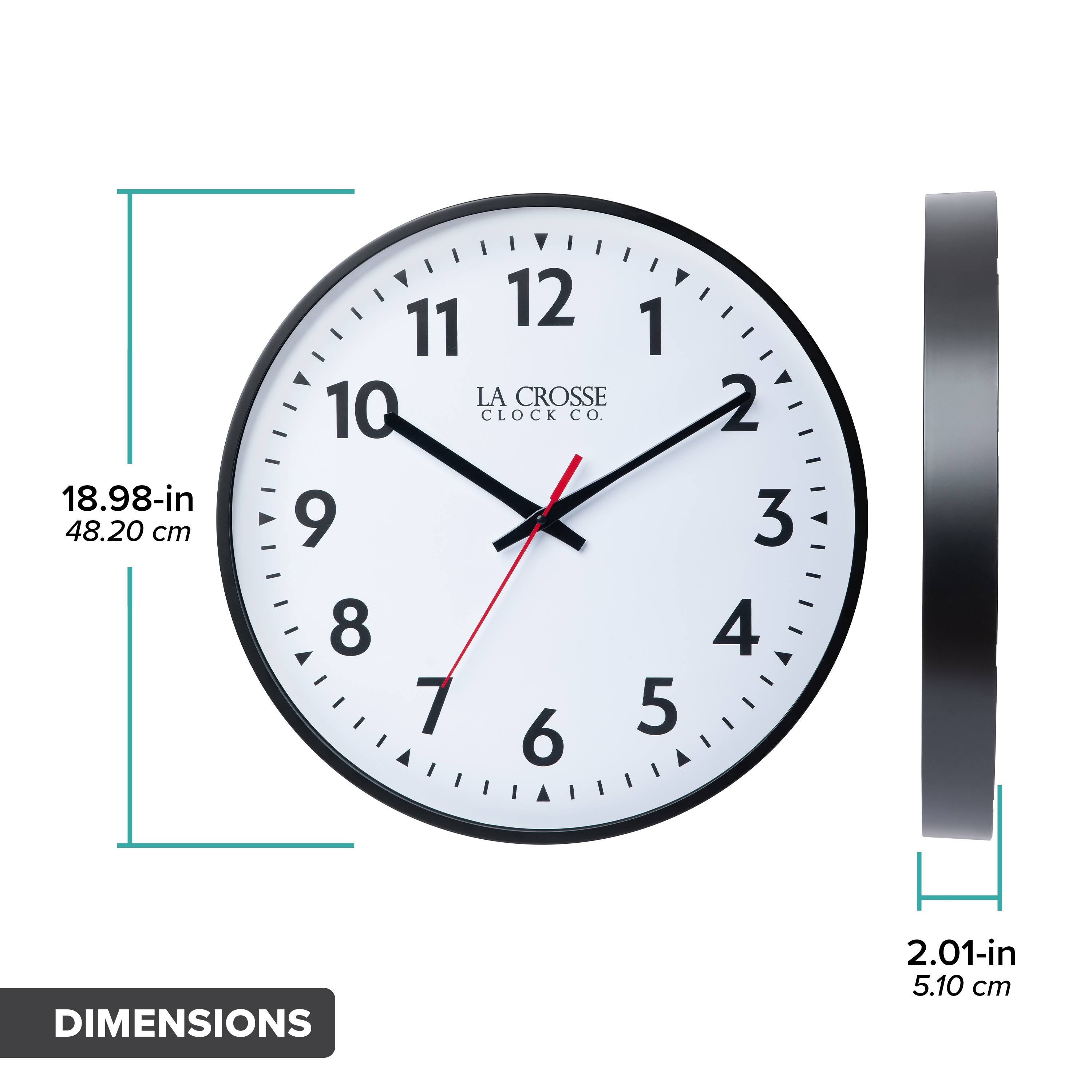 18.98-in  
48.20 cm  

2.01-in  
5.10 cm  

LA CROSSE CLOCK CO.  

DIMENSIONS