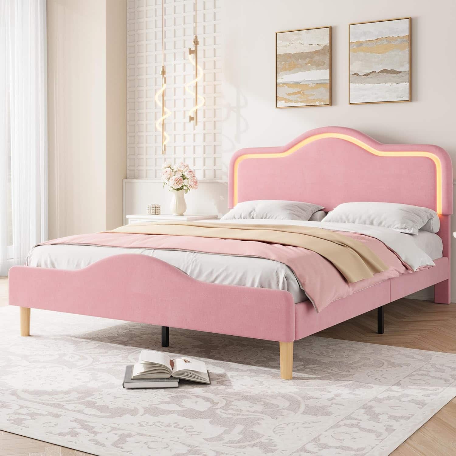 Homhougo - Queen Size Velvet Bed Frame with LED Head/Footboard, Princess Platform Bed, Slats Support - Pink