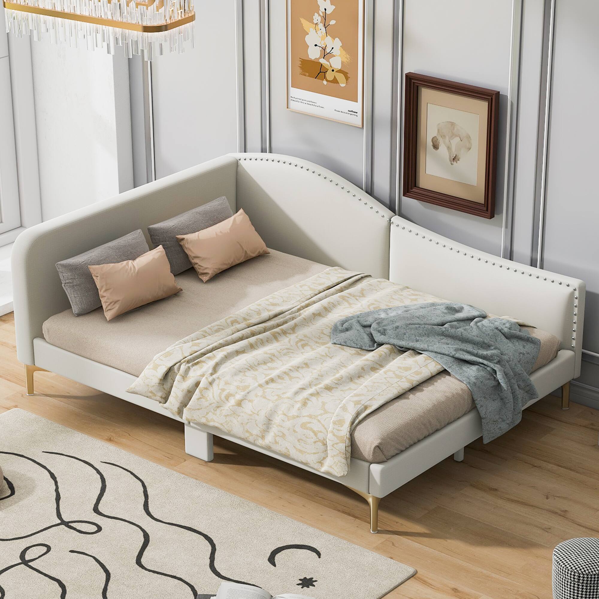 Front. Tiramisubest - Full Size Upholstered Daybed with Headboard and Armrest, Support Legs, Beige - Beige.