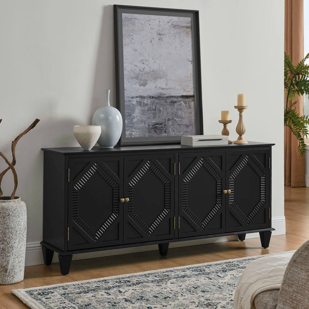 Alt View 4. Kadyn - 65.2" Mid Century Modern Sideboard Buffet Cabinet, Accent Coffee Bar Wine Bar Storage Cabinet, Black - Black.