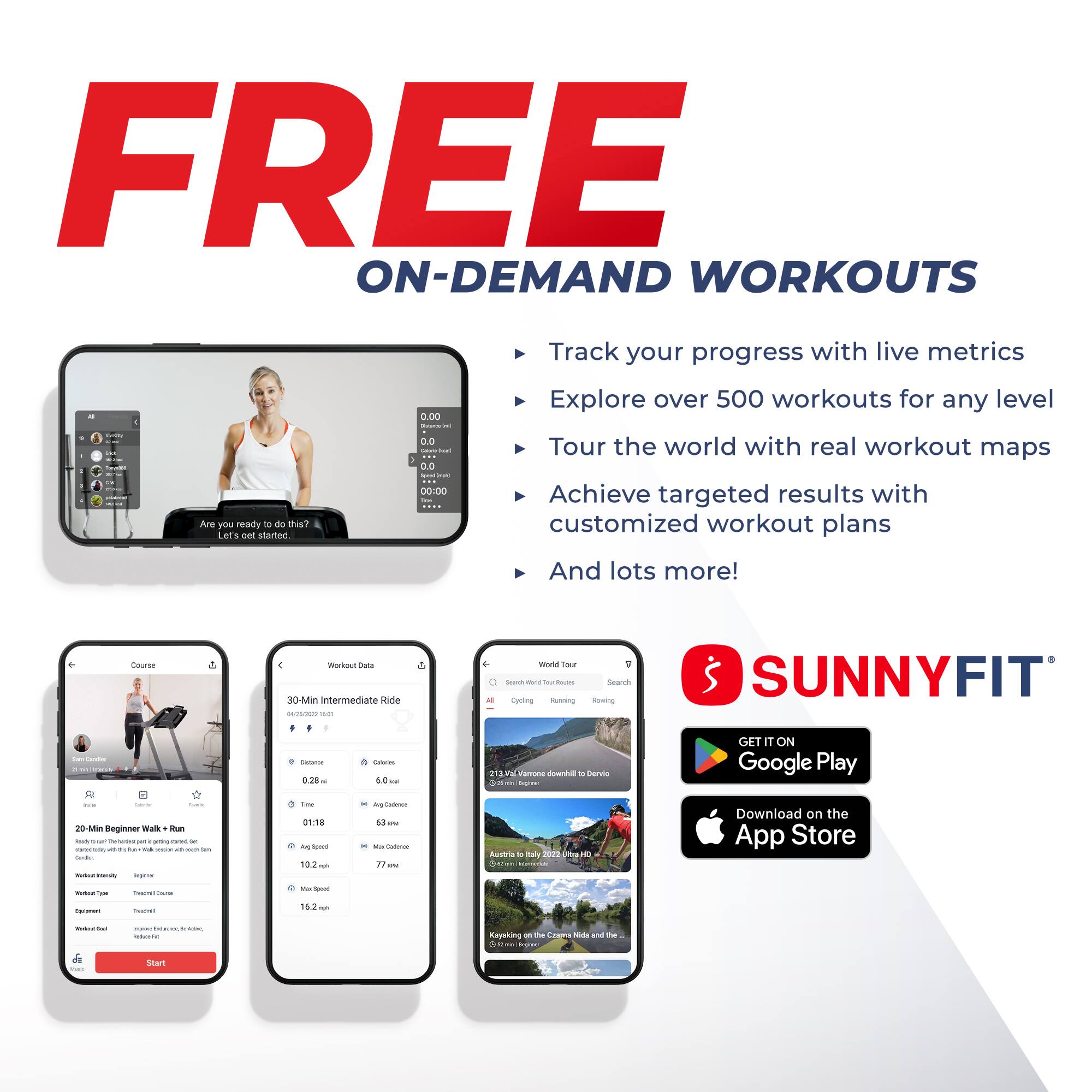 FREE ON-DEMAND WORKOUTS

Track your progress with live metrics
Explore over 500 workouts for any level
Tour the world with real workout maps
Achieve targeted results with customized workout plans
And lots more!

SUNNYFIT

GET IT ON Google Play
Download on the App Store
