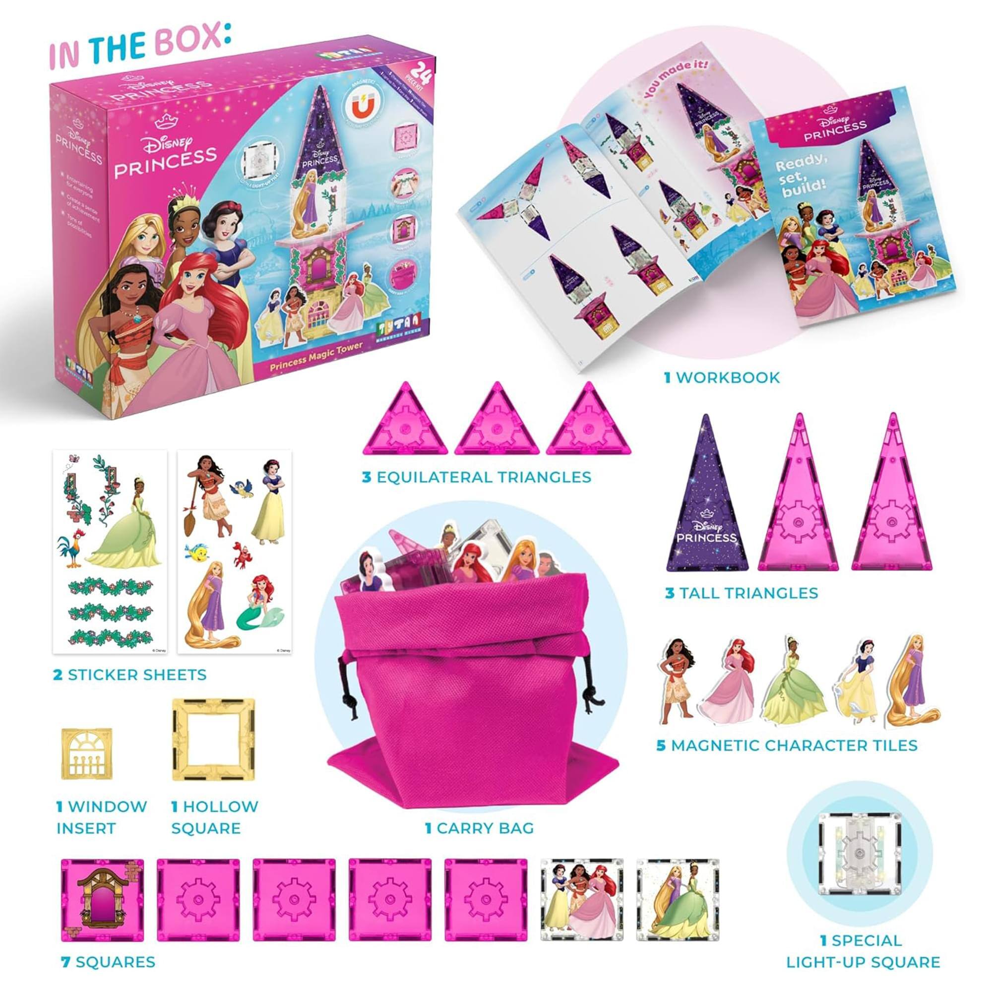 IN THE BOX:  
- 1 WORKBOOK  
- 3 EQUILATERAL TRIANGLES  
- 3 TALL TRIANGLES  
- 2 STICKER SHEETS  
- 5 MAGNETIC CHARACTER TILES  
- 1 WINDOW  
- 1 HOLLOW INSERT SQUARE  
- 7 SQUARES  
- 1 SPECIAL LIGHT-UP SQUARE  
- 1 CARRY BAG