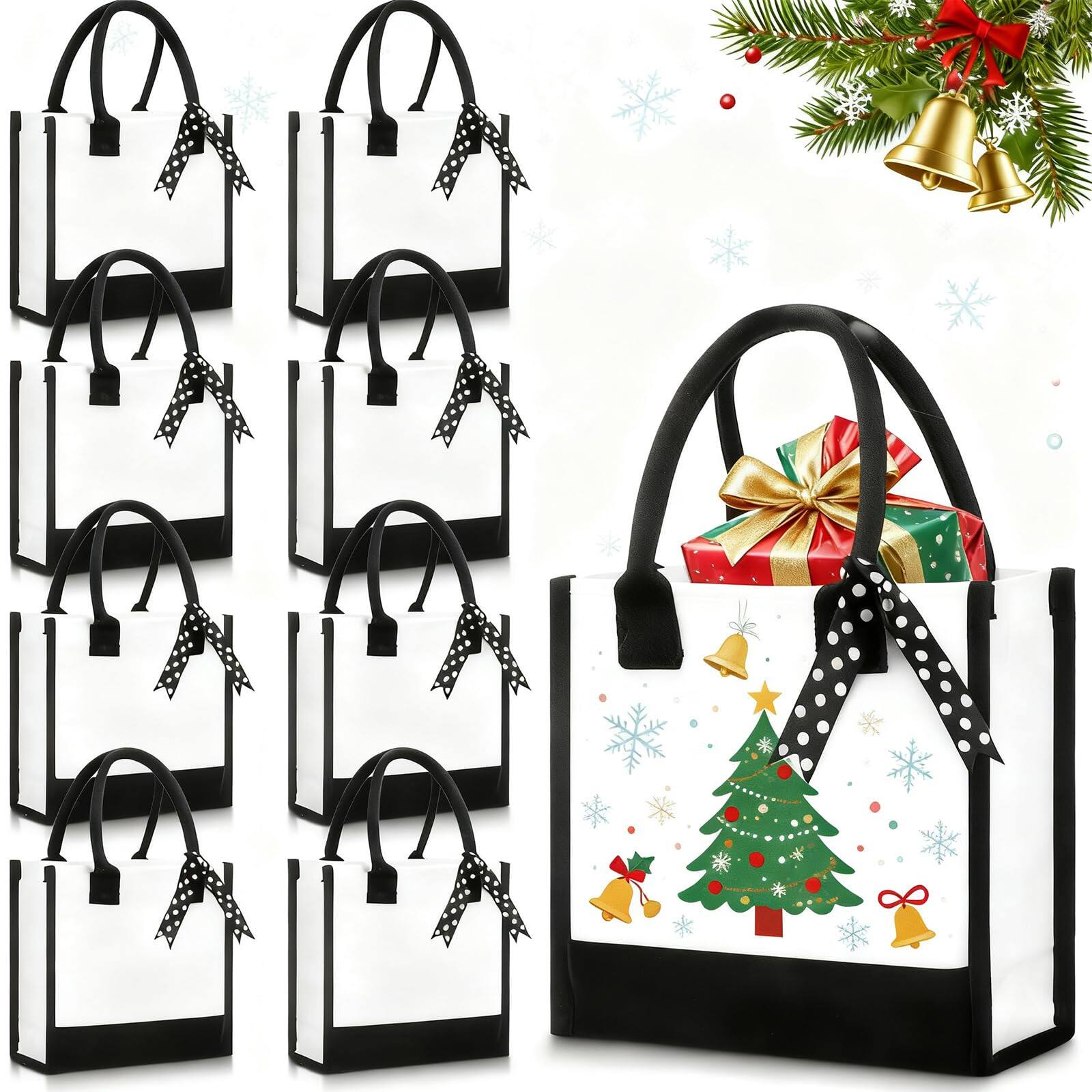 Front. DORLUKFU - 12 Pcs Canvas Tote Gift Bags Bulk for Women Middle Size 10 x 10 x 4 Inch Sublimation Personalized Blank Shopping Tote - black and white.