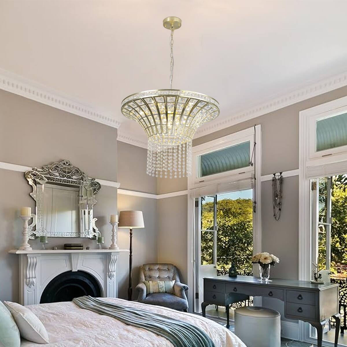 Alt View 2. Loheer - Loheer 8-Light Crystal Waterfall Chandelier, Modern Living Room Lighting, Adjustable Height, Gold Finish.