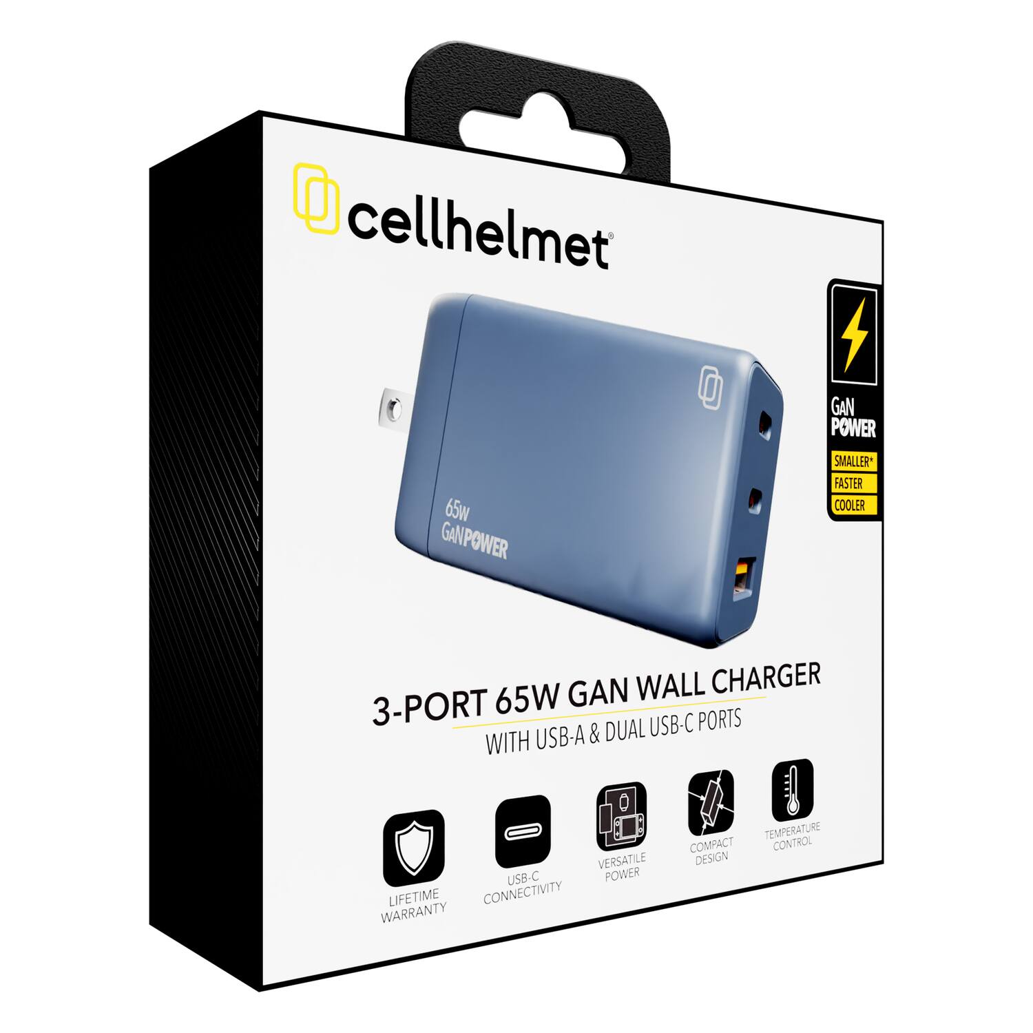 cellhelmet

65W GAN POWER

3-PORT 65W GAN WALL CHARGER
WITH USB-A & DUAL USB-C PORTS

- LIFETIME WARRANTY
- CONNECTIVITY
- VERSATILE POWER
- COMPACT DESIGN
- TEMPERATURE CONTROL

GAN POWER
SMALLER* FASTER COOLER