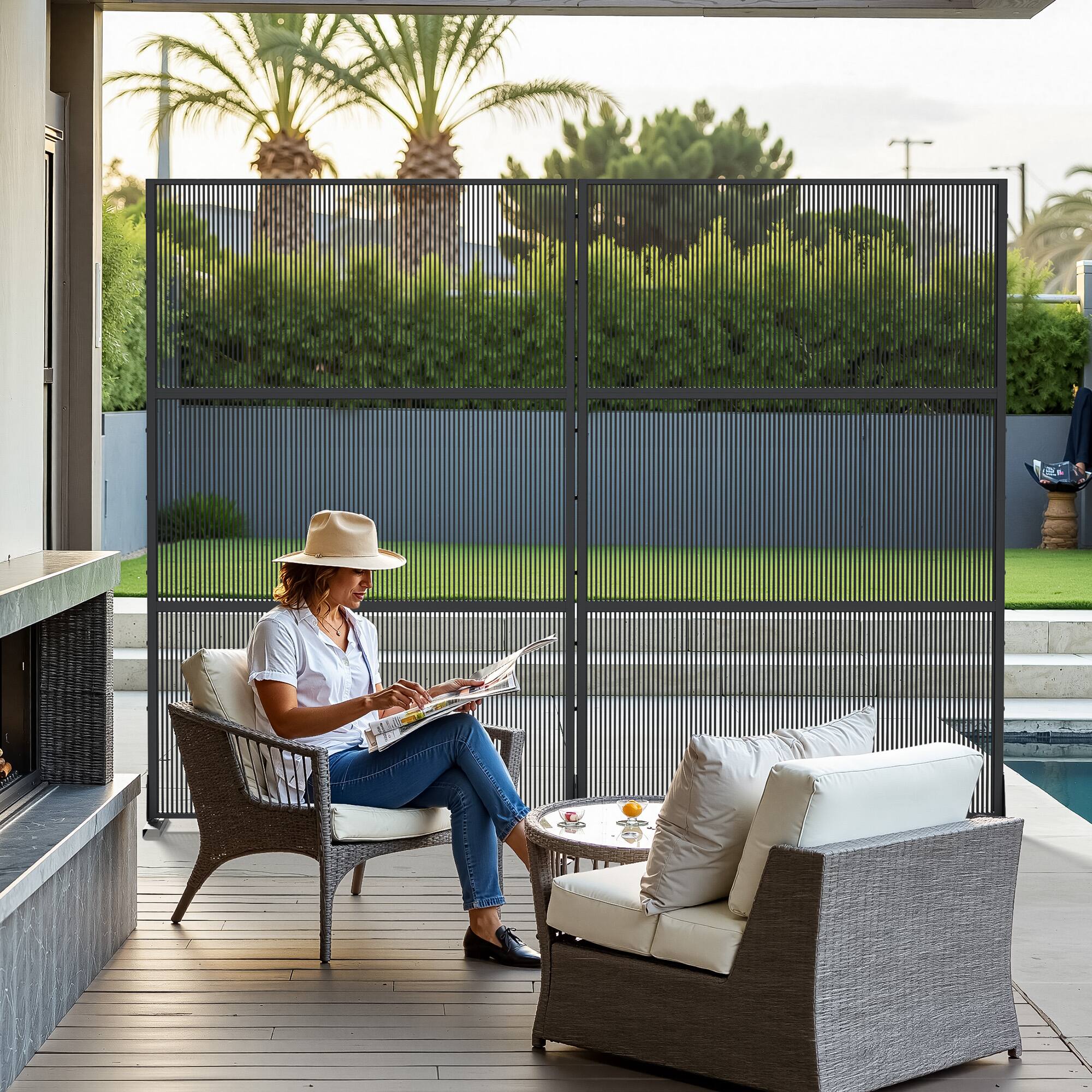 Alt View 1. PexFix - 72 in. x 47 in. Rattan Vertical Pattern Metal Outdoor Privacy Screen & Panels, Freestanding Garden Divider Fence - Black.