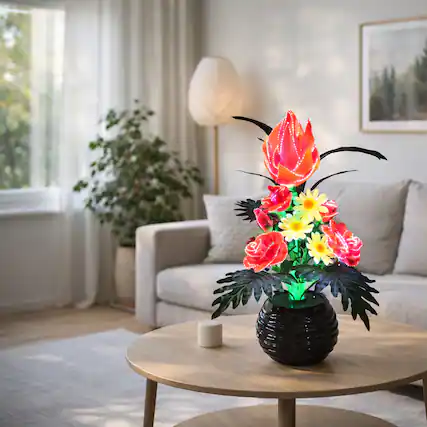 Front. FC Design - 20"H Black Round Base Artificial Multicolor Lotus Flower LED Vase Lamp, Lighted Floral Home Décor Accent.