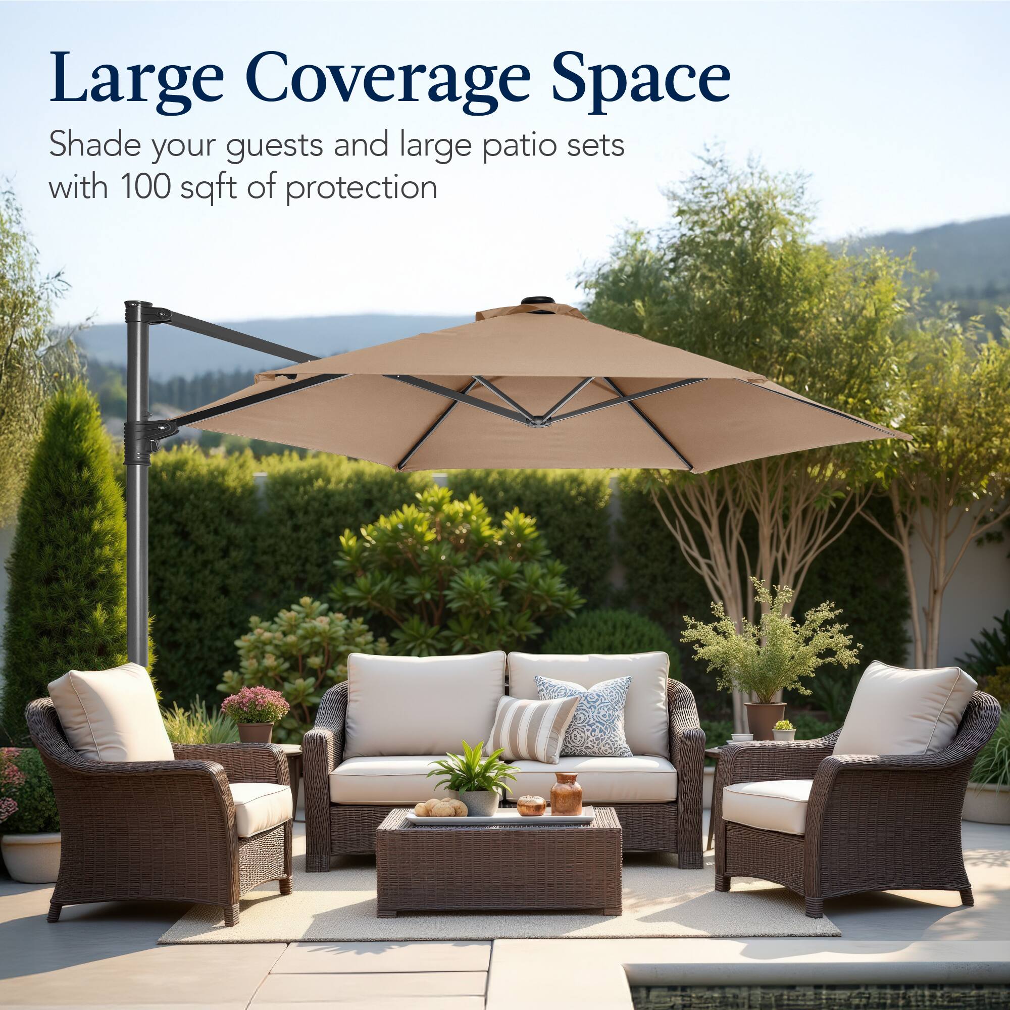 Large Coverage Space  
Shade your guests and large patio sets with 100 sqft of protection