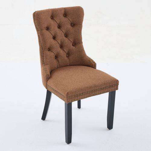 Left. LUCKY ONE - Assembled Tufted Linen Dining Chair Set of 2 with Wood Legs Nailhead Trim High Back - Coffee.