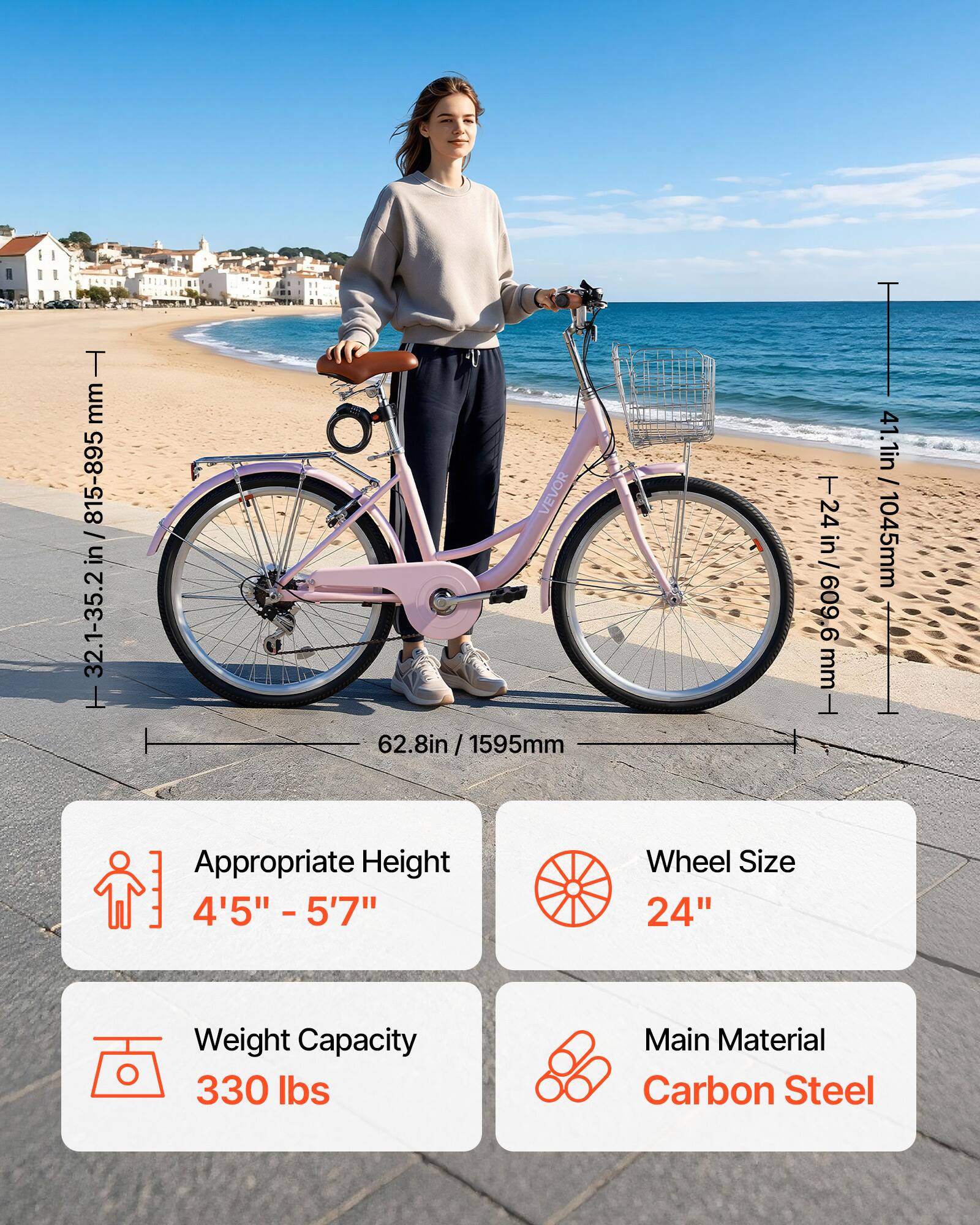 - 32.1-35.2 in / 815-895 mm
- 62.8 in / 1595 mm
- 24 in / 609.6 mm
- 41.1 in / 1045 mm

Appropriate Height: 4'5" - 5'7"
Wheel Size: 24"
Weight Capacity: 330 lbs
Main Material: Carbon Steel
