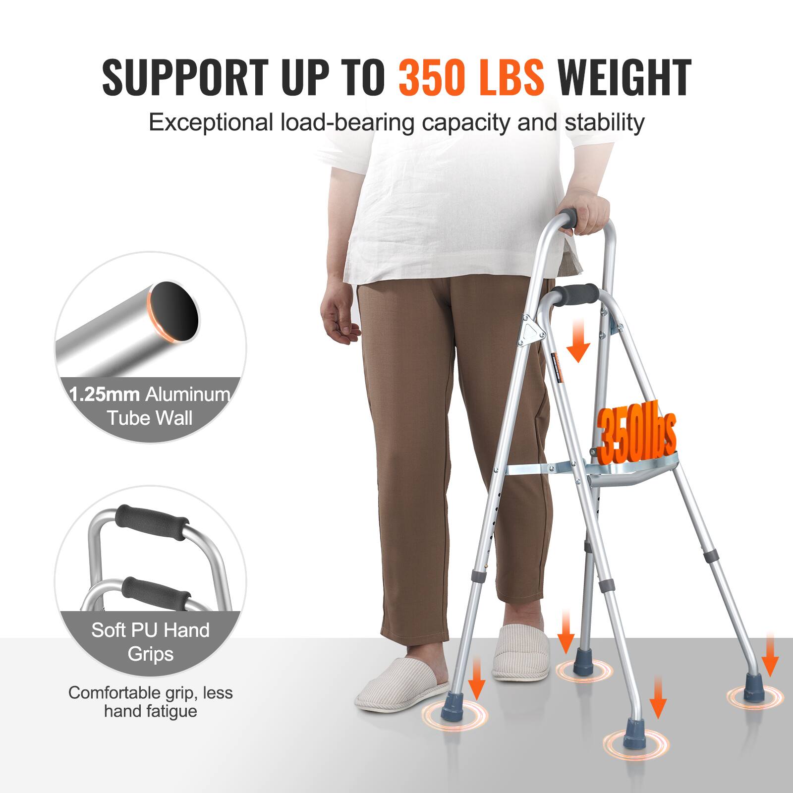 SUPPORT UP TO 350 LBS WEIGHT, Exceptional load-bearing capacity and stability, 1.25mm Aluminum Tube Wall, 350bs, Soft PU Hand Grips, Comfortable grip, less hand fatigue