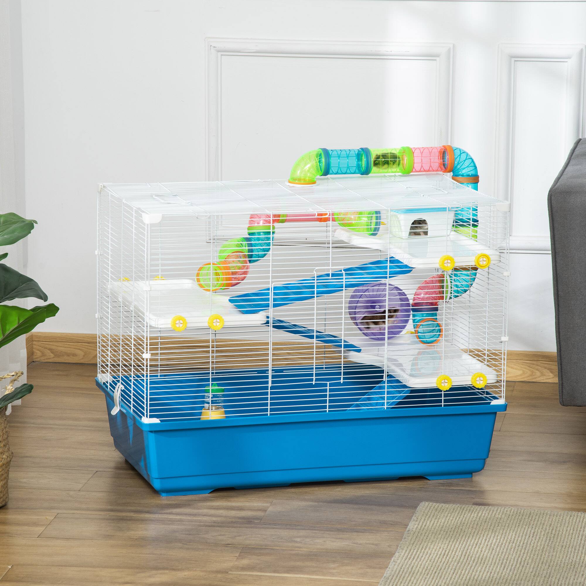 Angle. Pawhut - 31" Extra Large 4-Tier Hamster Cage with Tunnels, Exercise Wheel, Water Bottle, Food Dish & Portable Carry Handles.