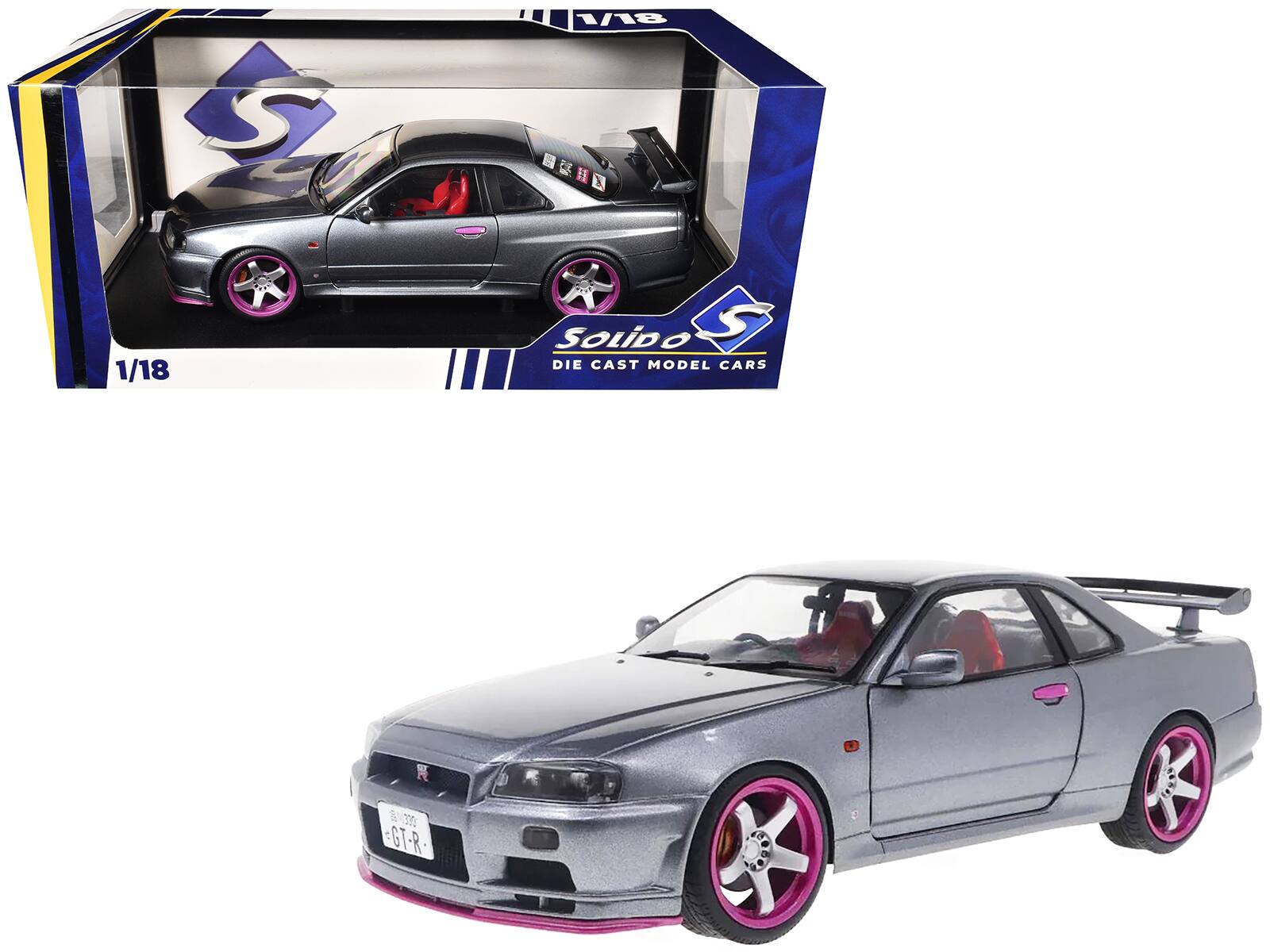 Solido - 1999 Nissan Skyline GT-R (R34) RHD (Right Hand Drive) Silver Metallic with Purple Wheels 1/18 - Silver Metallic and Purple