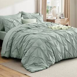 FINEAK - Modern Queen Pinch Pleat Comforter Set with Sheets-7-Piece All-Season Bed in a Bag - Sage Green