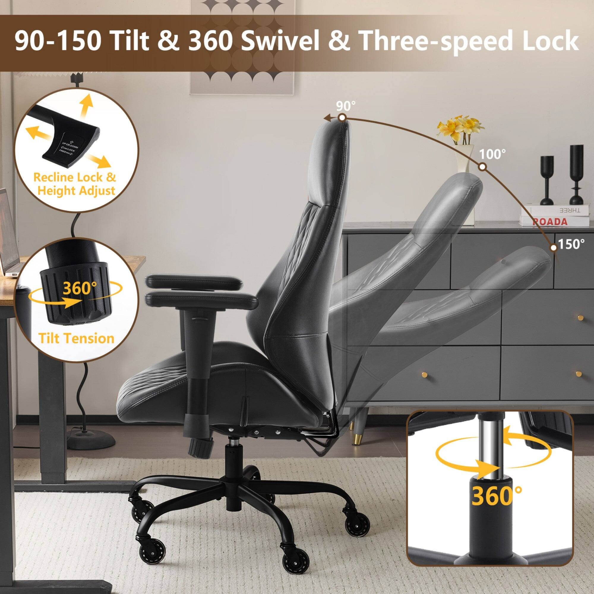 90-150 Tilt & 360 Swivel & Three-speed Lock  
90° - 100° Recline Lock & Height Adjust  
Tilt Tension