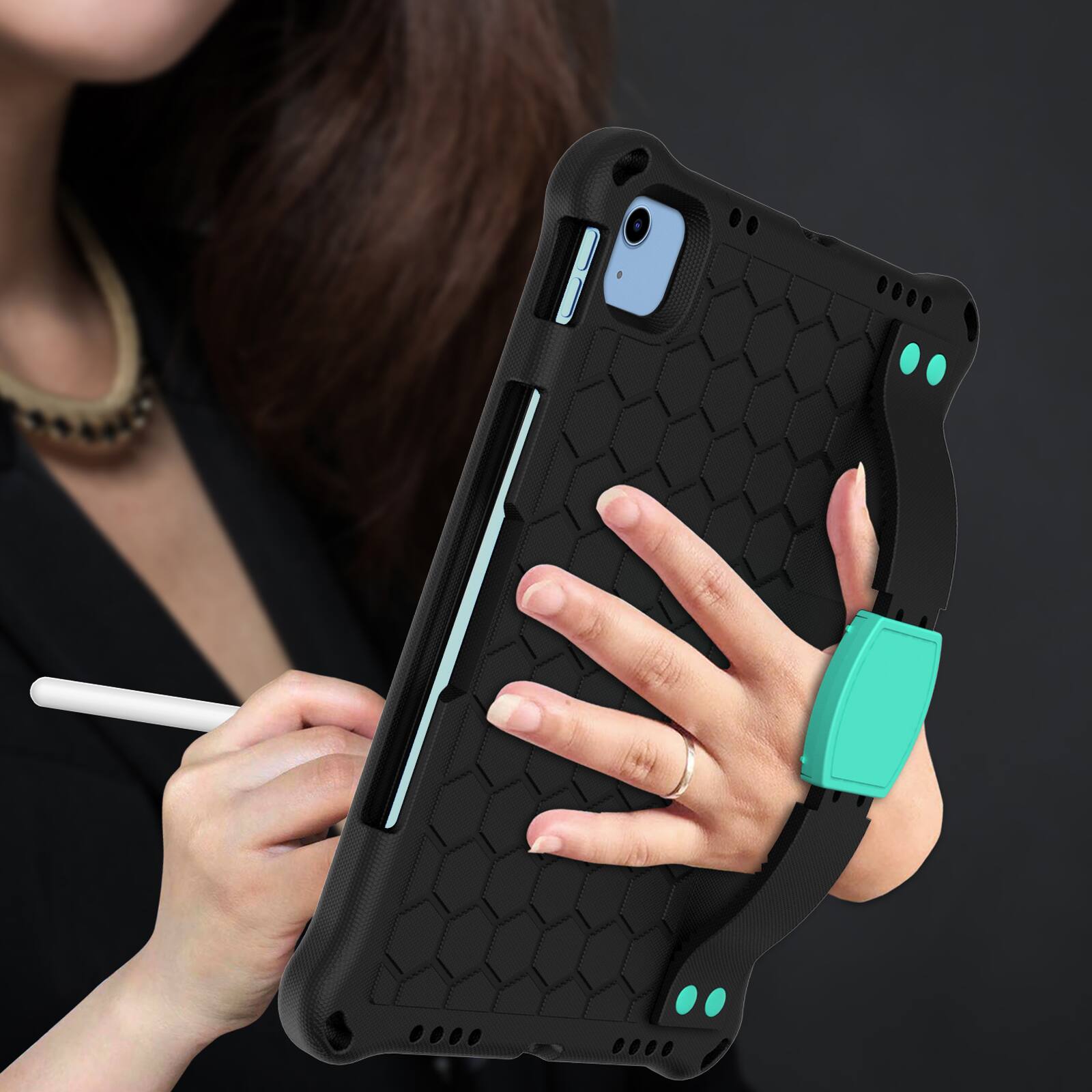 Alt View 3. Dteck - For Apple iPad (A16) 11" 2025 2025 / 10th 2022 Rugged Kid Case Shockproof Safe EVA Hand Grip Cover With Crossbody Strap - Black Mint.