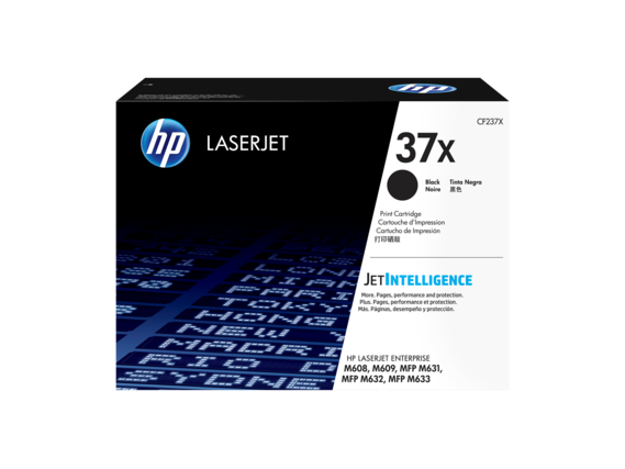HP LASERJET
37X
Print Cartridge
Cartouche d'Impression
Cartucho de Impresión
CF237X
Black
Tinta Negra
Noire
黑色
JET INTELLIGENCE
More Pages, performance and protection.
Plus Pages, performance et protection.
Más Páginas, desempeño y protección.
HP LASERJET ENTERPRISE
M608, M609, MFP M631, MFP M632, MFP M633