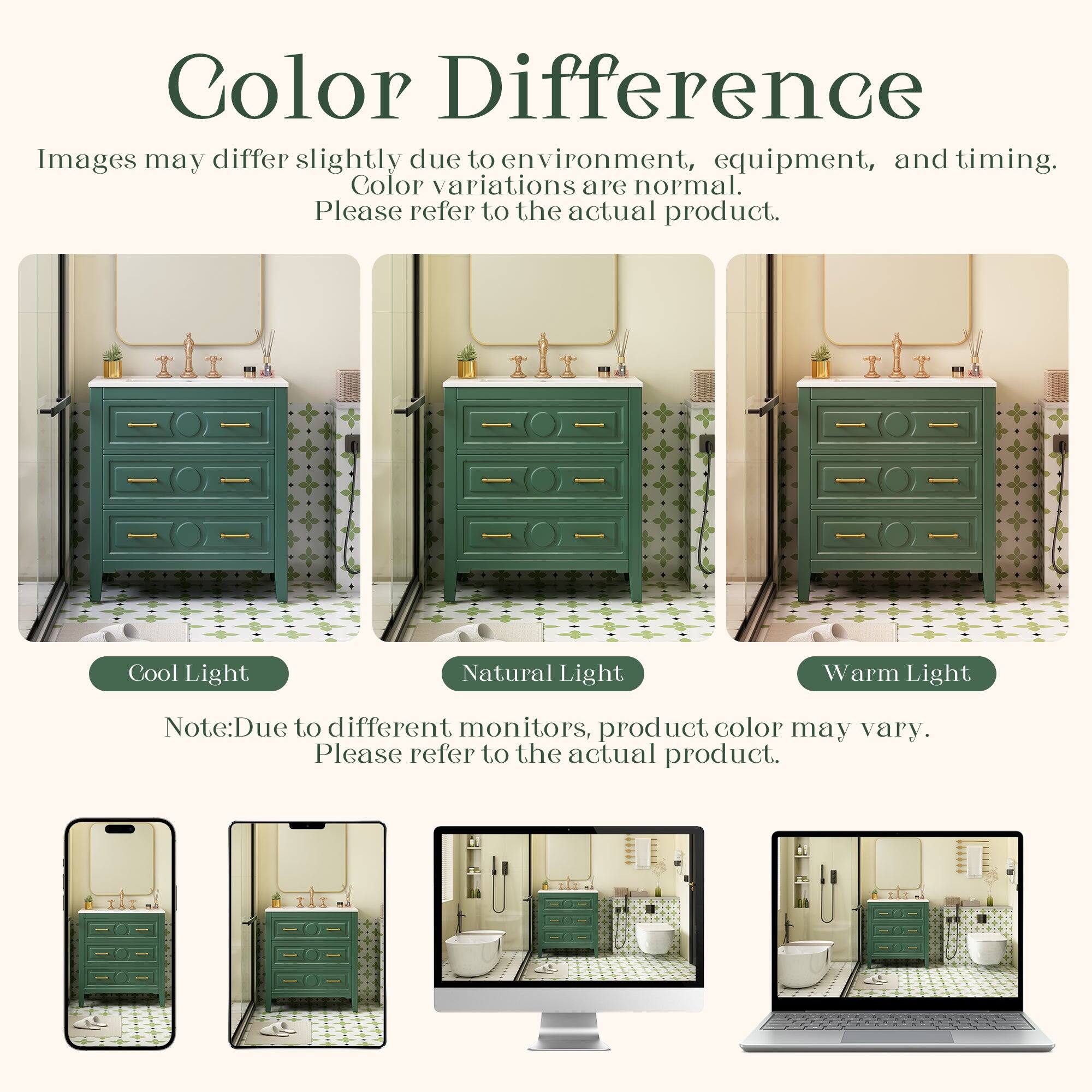 Color Difference  
Images may differ slightly due to environment, equipment, and timing. Color variations are normal. Please refer to the actual product.  

Cool Light | Natural Light | Warm Light  

Note: Due to different monitors, product color may vary. Please refer to the actual product.