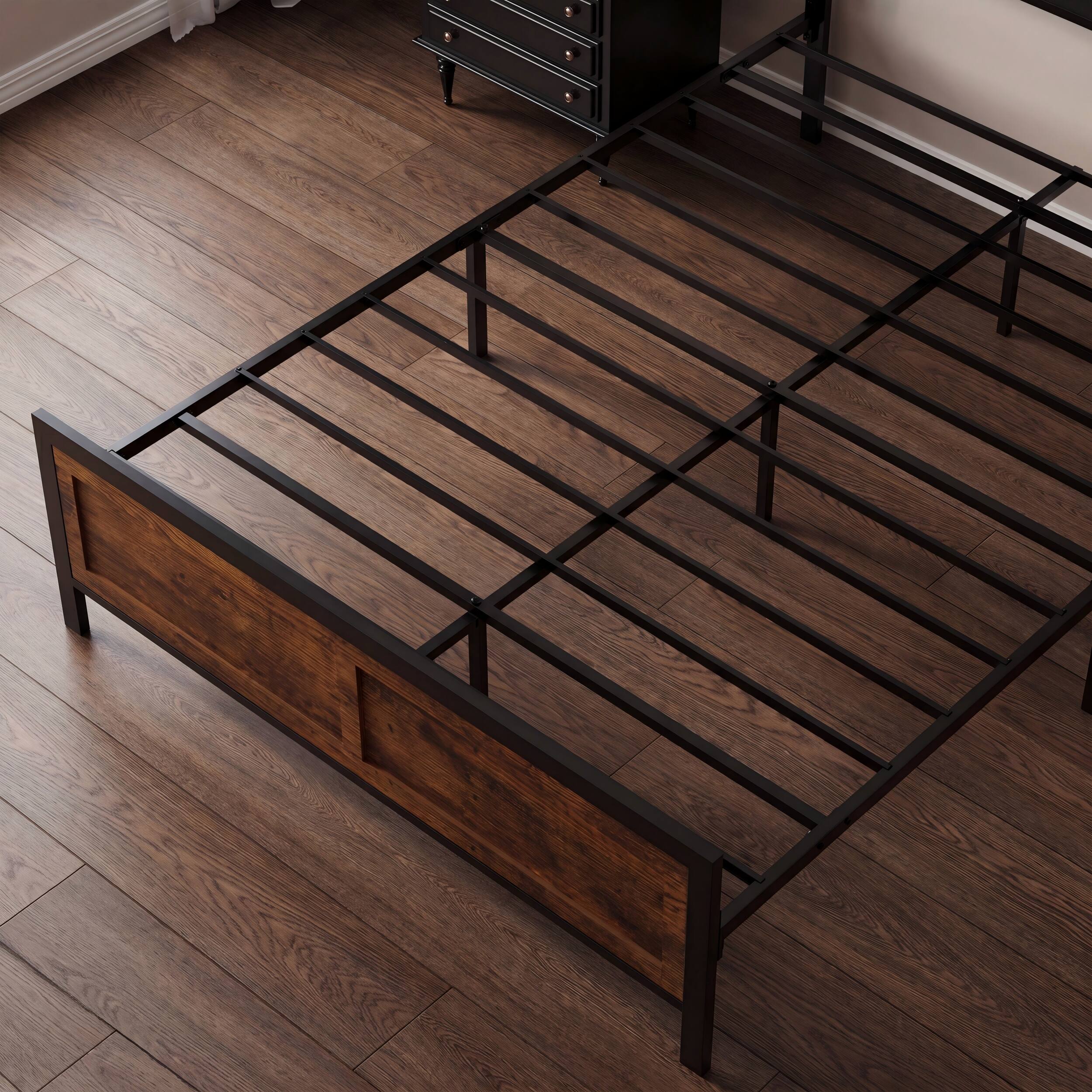 Alt View 5. Vipbear - Q/F Platform Bed Frame with Upholstered Headboard, Heavy Duty Platform Metal Bed, No Box Spring Needed - brown.