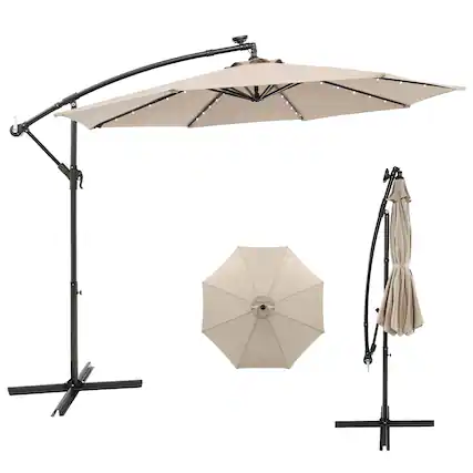 Front. Costway - 10 Ft Patio Solar LED Offset Umbrella 40 Lights Crank Cross Base - Beige.
