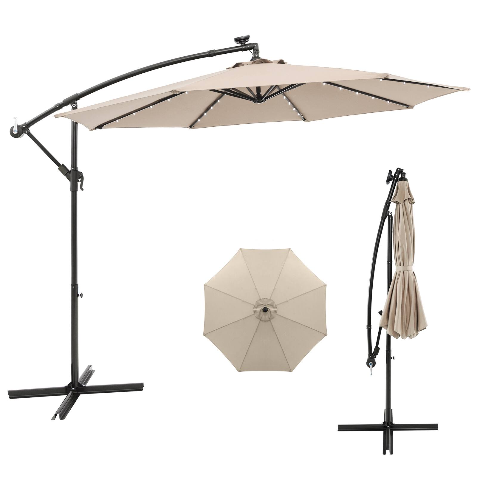 Costway - 10 Ft Patio Solar LED Offset Umbrella 40 Lights Crank Cross Base - Beige