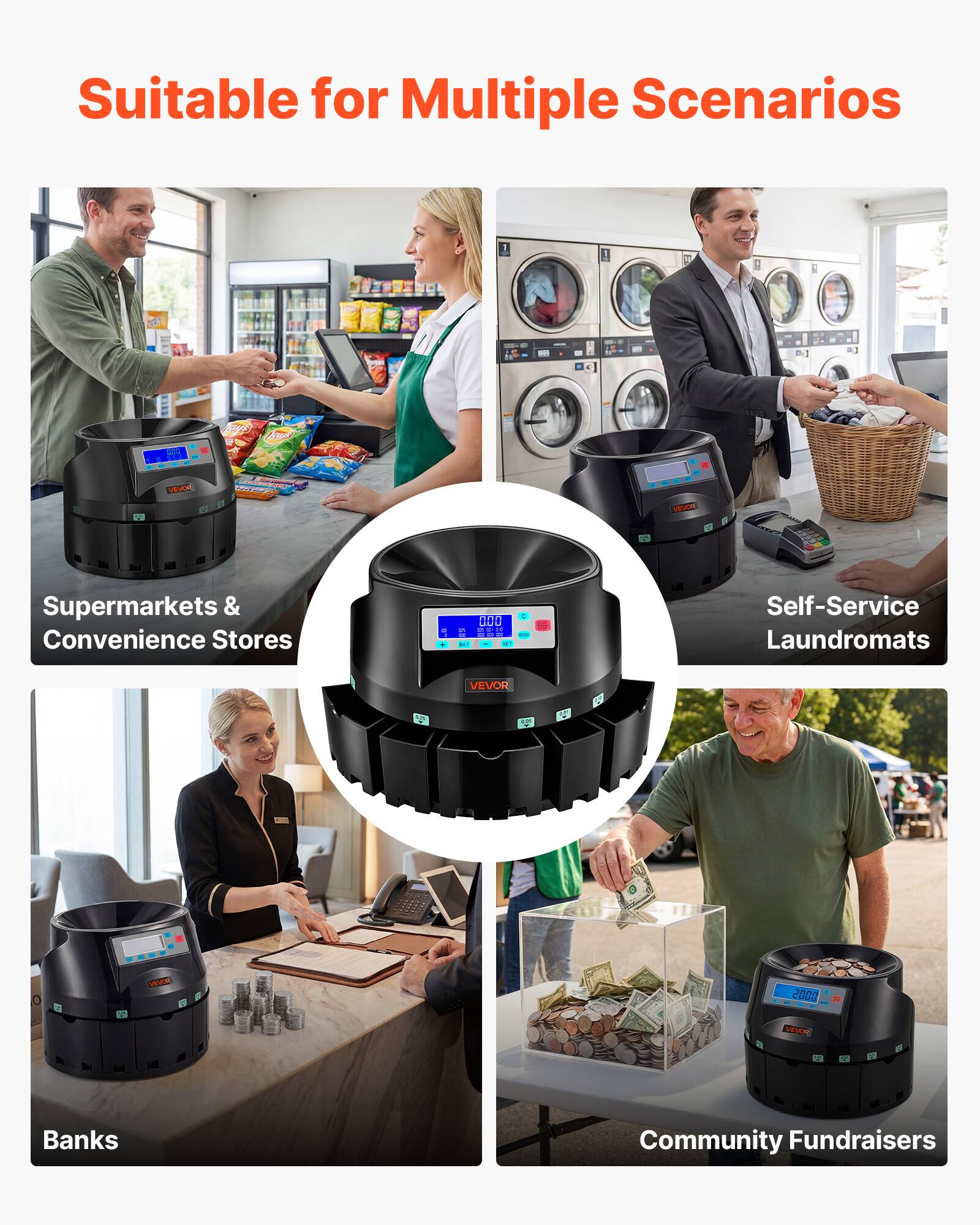 Suitable for Multiple Scenarios

- Supermarkets & Convenience Stores
- Self-Service Laundromats
- Banks
- Community Fundraisers