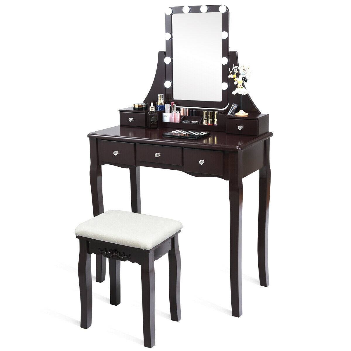Front. Costway - Costway Vanity Dressing Table Set w/Removable Box &10 Dimmable Bulbs Touch Switch - Brown.