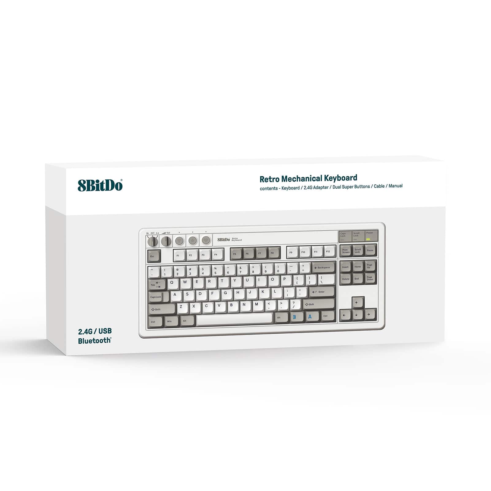 The image shows a white box containing a keyboard. The keyboard is a retro mechanical keyboard with a 2.4G/USB Bluetooth adapter. It has dual super buttons and a 2.4G adapter. The keyboard also features a manual and a cable.