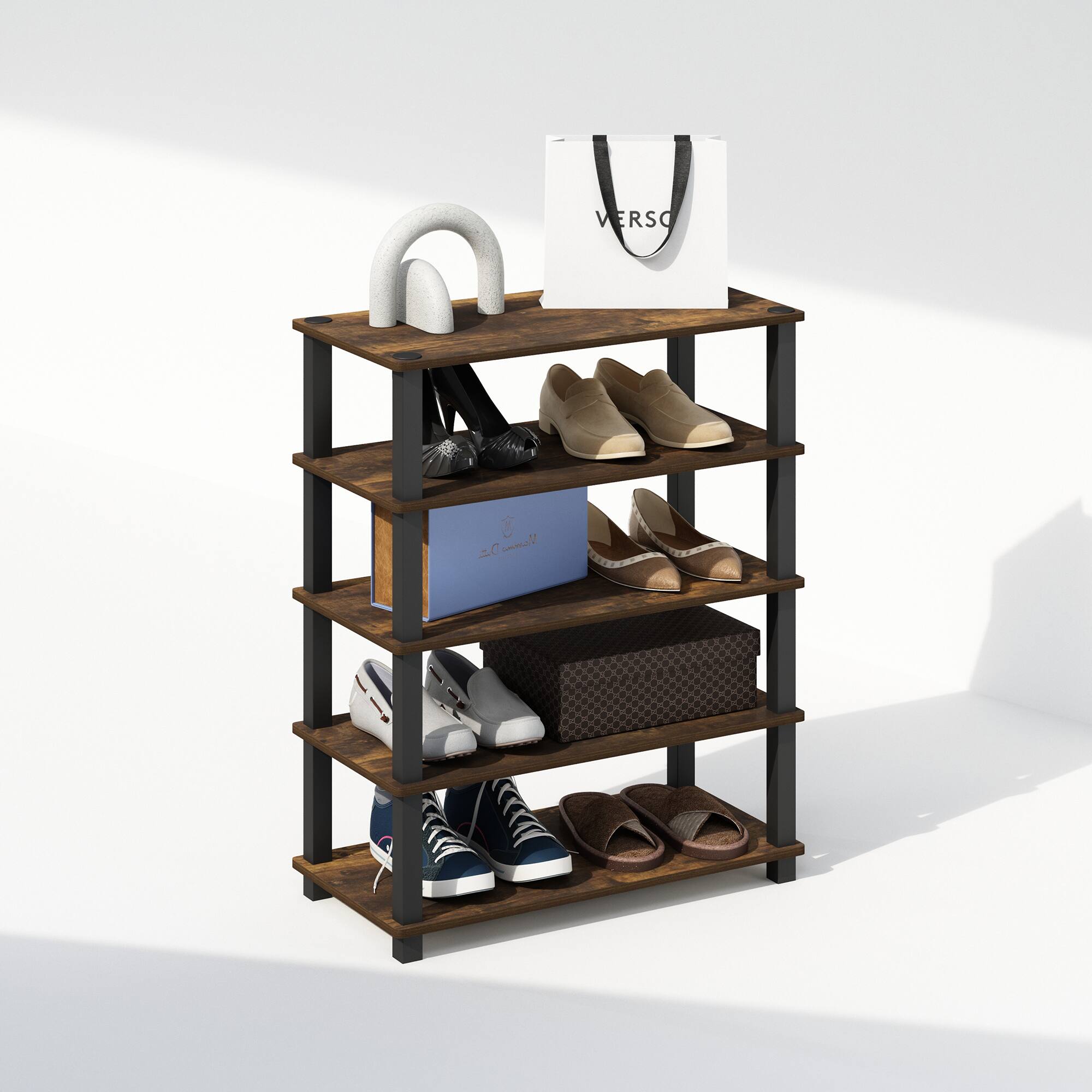 Alt View 3. Furinno - Turn-S-Tube 3-Tier Multipurpose Stackable Shoe Rack, Set of 2 - Amber Pine/Black.