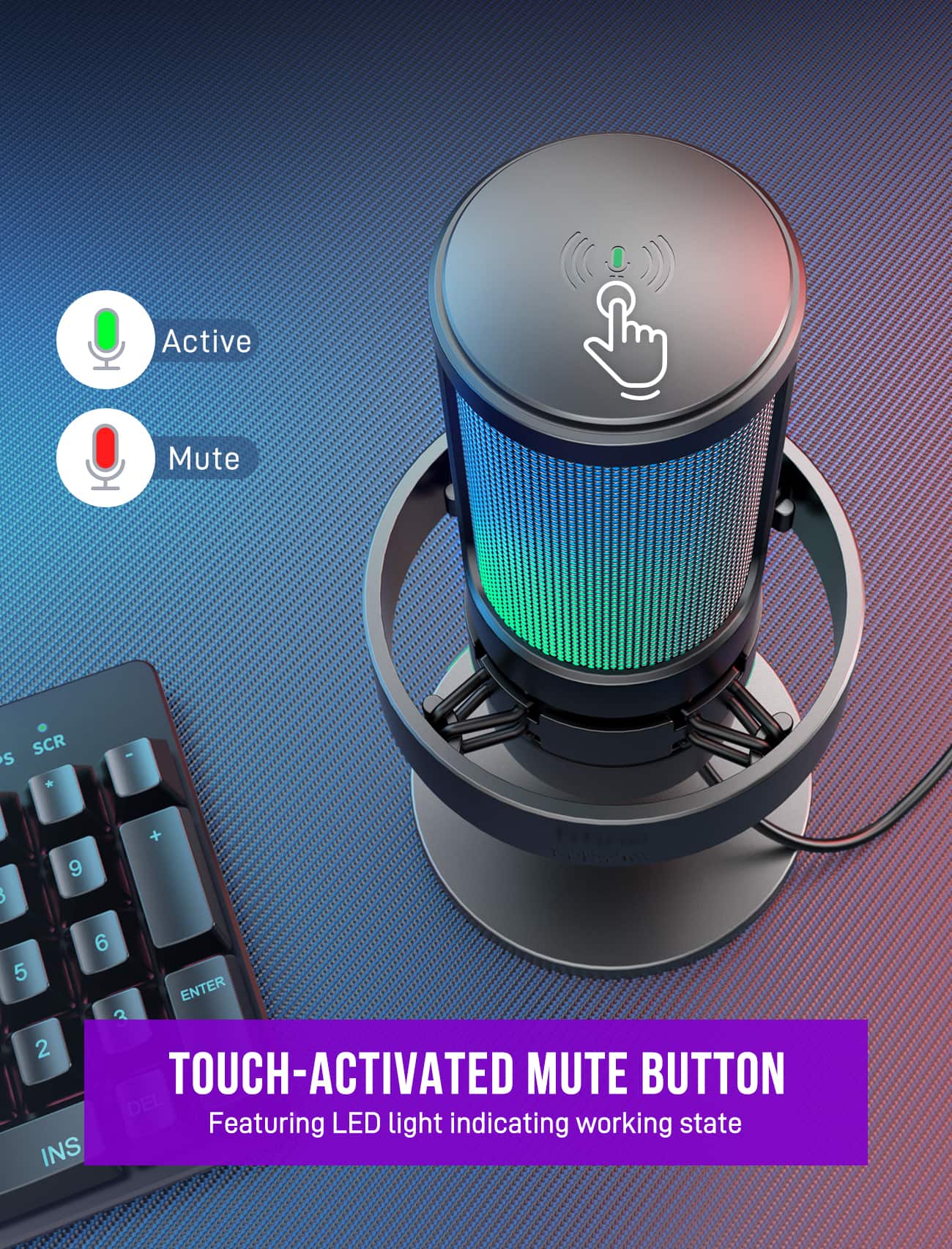Touch-Activated Mute Button Featuring LED light indicating working state.