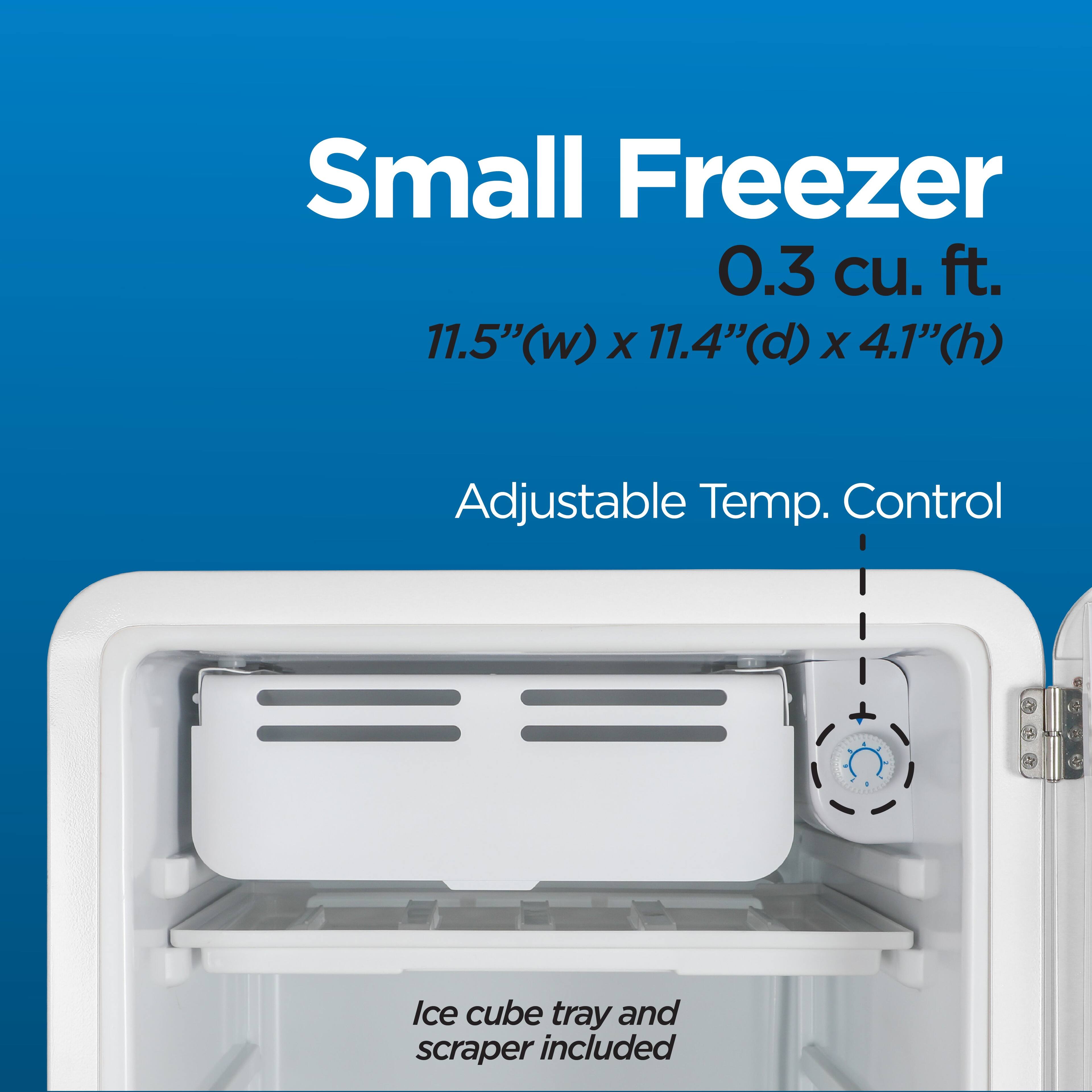 Small Freezer 0.3 cu. ft. 11.5"(w) X 11.4"(d) X 4.1"(h) Adjustable Temp. Control Ice cube tray and scraper included